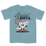 Light blue Comfort Colors tee featuring a cartoon heart with baseball stitches, sneakers, and a disco ball, with "Baseball Diva" text.