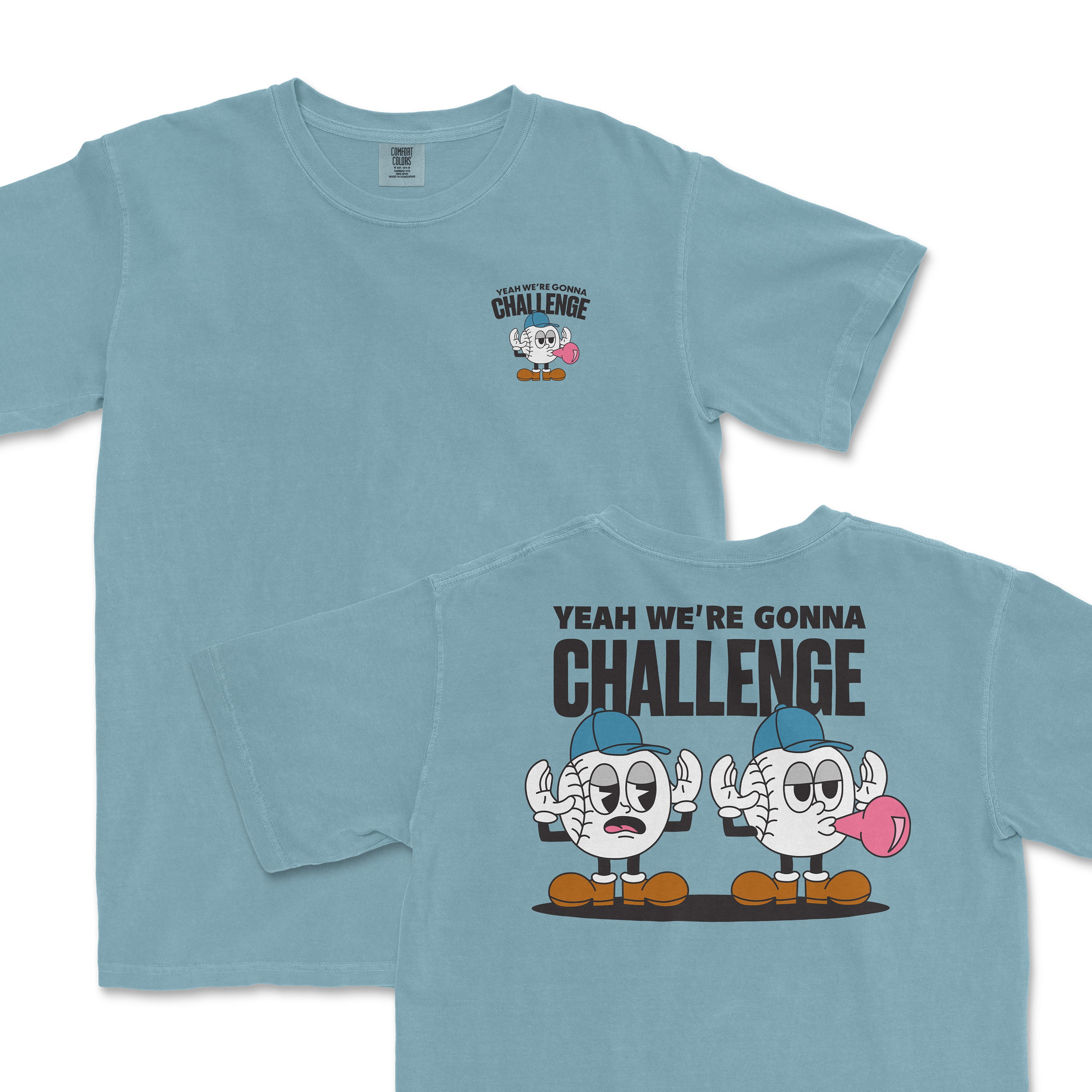 Light blue t-shirt featuring playful cartoon characters with the phrase "Yeah we're gonna challenge" on the back.