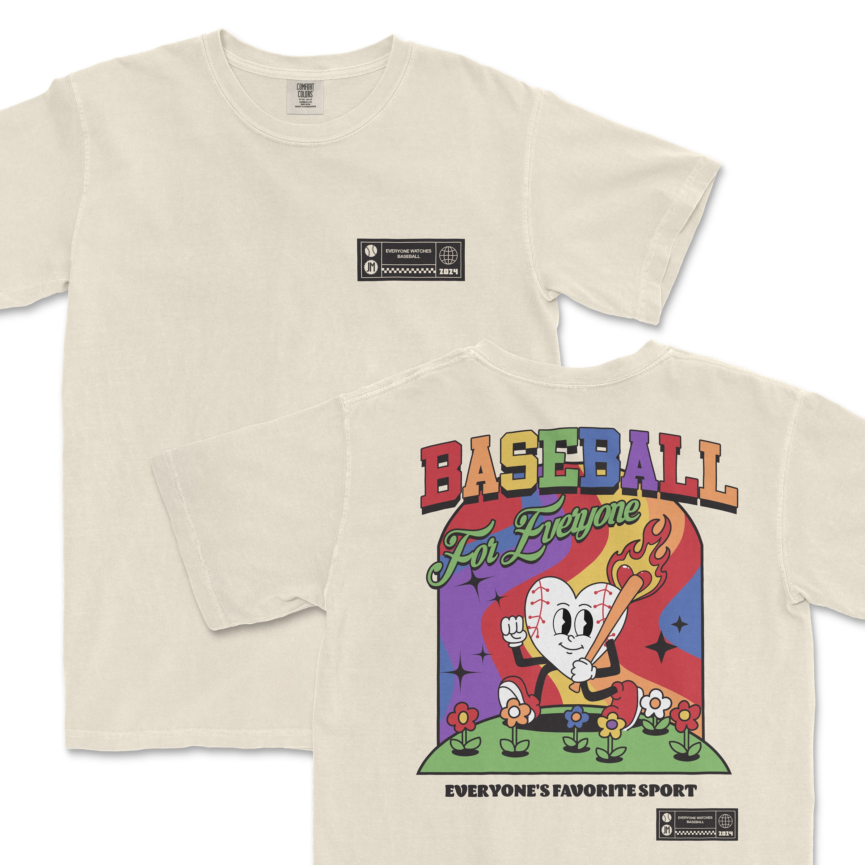 Cream t-shirt featuring a colorful graphic of a cartoon character with flames, promoting baseball as everyone's favorite sport.
