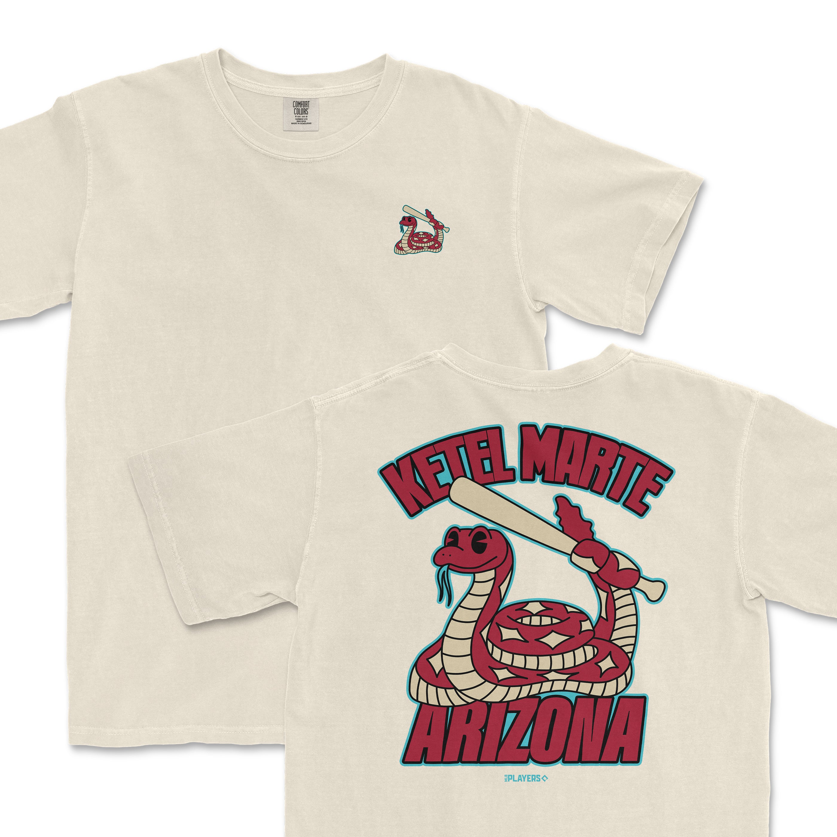 Ketel Marte summer cartoon t-shirt featuring a playful snake design with bat and "Ketel Marte Arizona" text.