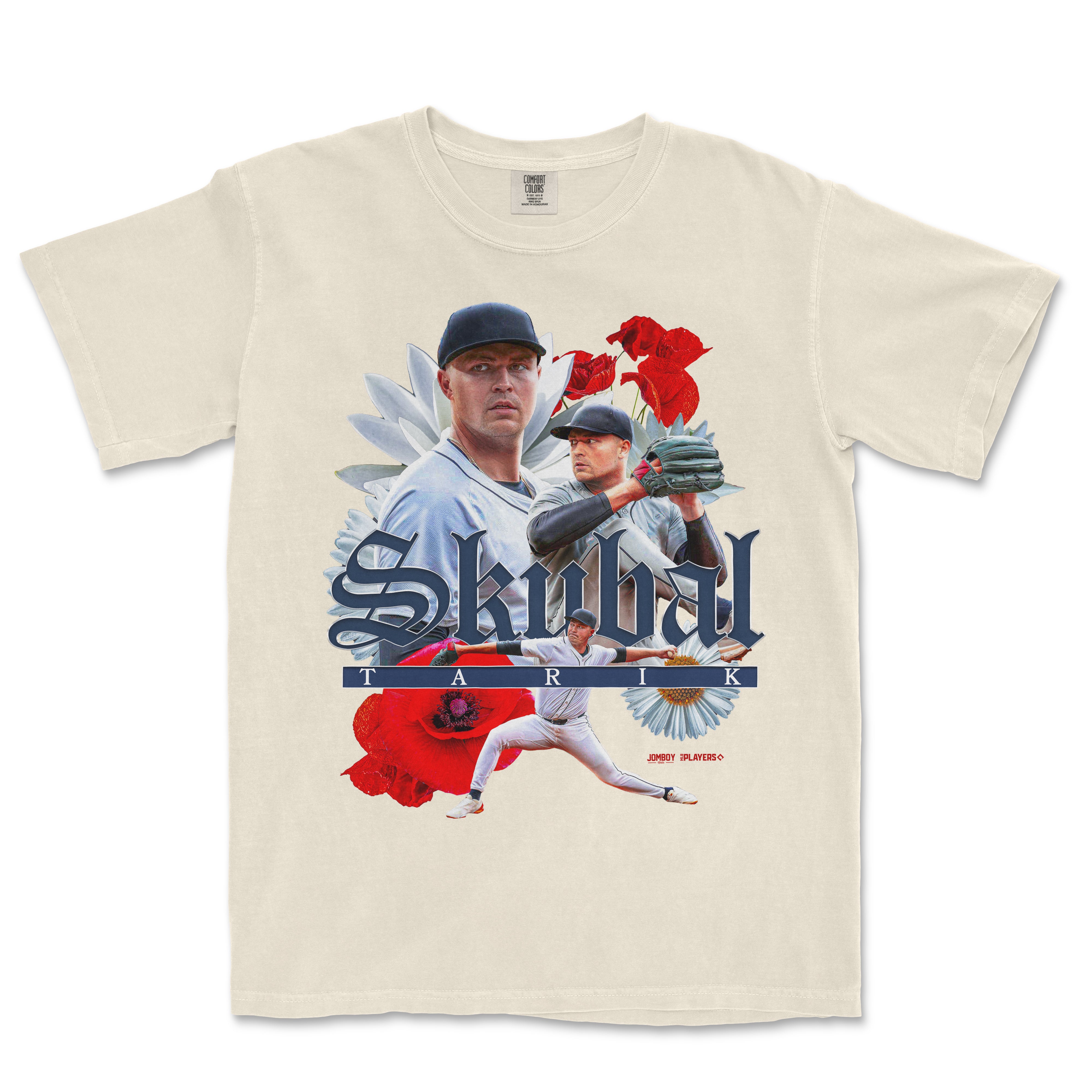 Beige T-shirt featuring a collage of baseball players, flowers, and the text "Skubal" in bold, gothic font.