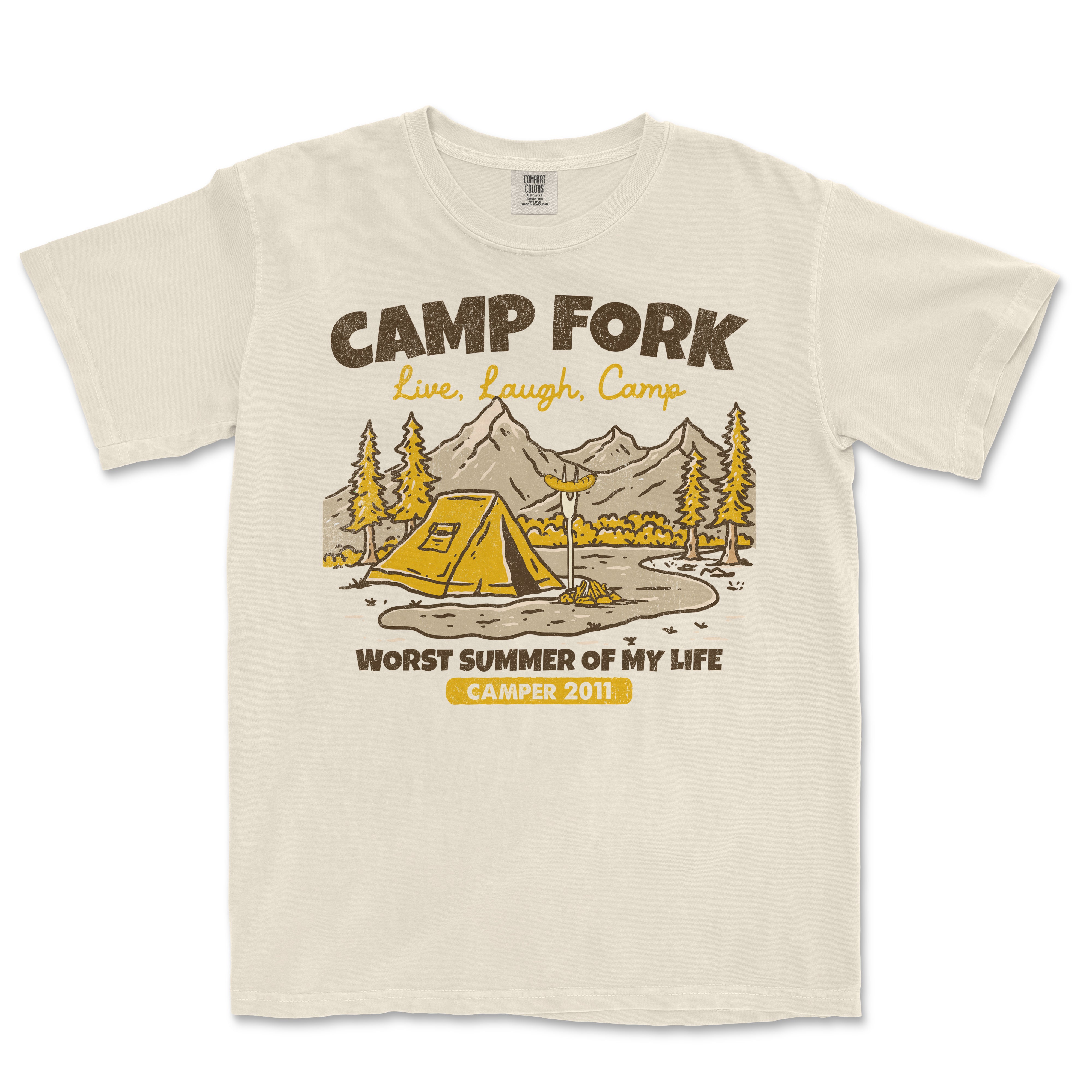 Vintage Comfort Colors® T-shirt featuring a camping scene with mountains, trees, a tent, and the text "Camp Fork - Live, Laugh, Camp.