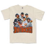 Cream-colored SF Signature Series T-shirt featuring a collage of signed images of baseball players and "San Francisco" text.