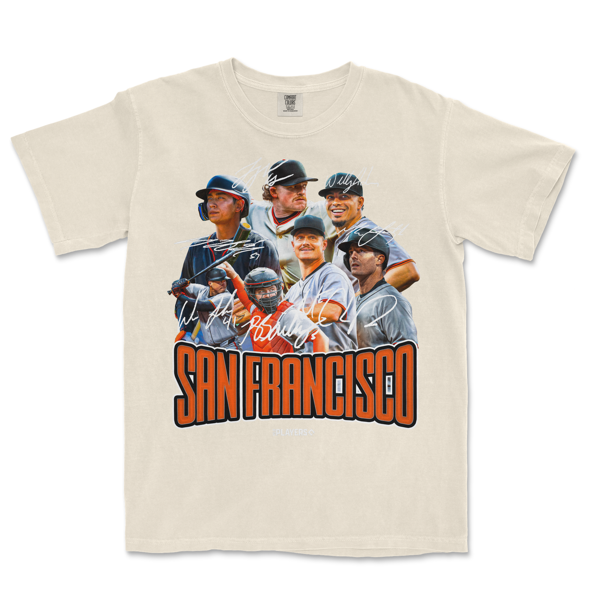 Cream-colored SF Signature Series T-shirt featuring a collage of signed images of baseball players and "San Francisco" text.