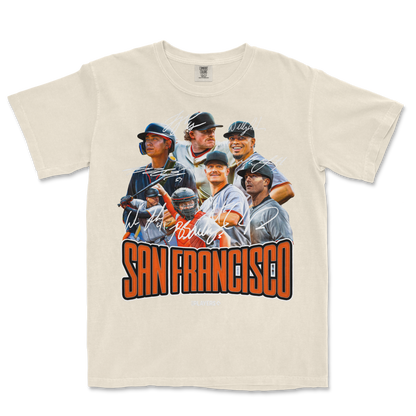 Cream-colored SF Signature Series T-shirt featuring a collage of signed images of baseball players and "San Francisco" text.