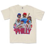 T-shirt featuring a collage of baseball players, signatures, and the bold text "PHILLY" in red and blue, celebrating Philadelphia baseball.