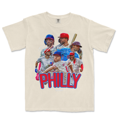 T-shirt featuring a collage of baseball players, signatures, and the bold text "PHILLY" in red and blue, celebrating Philadelphia baseball.
