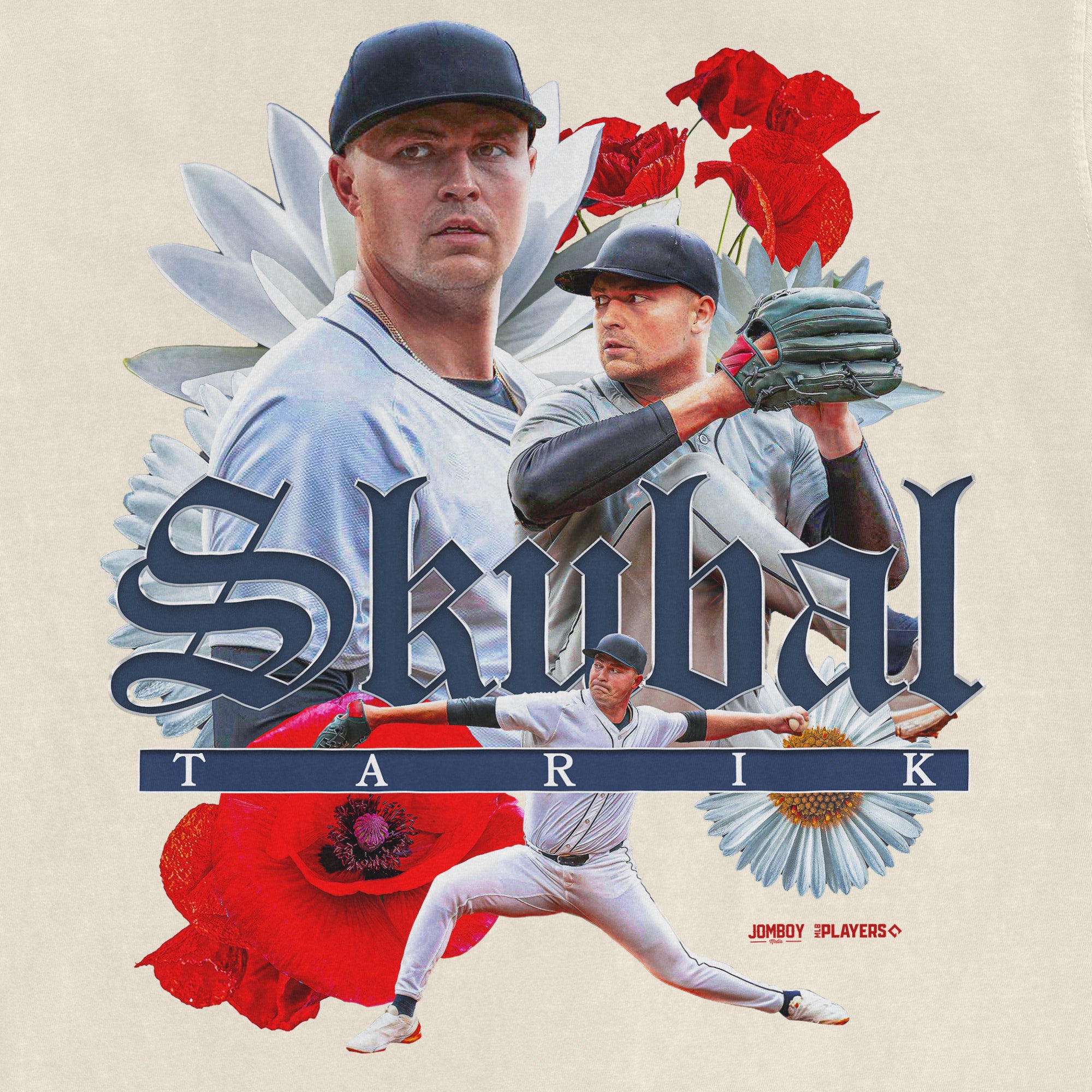 Collage of a baseball player in various poses with flowers, leaves, and the text "Skubal" and "TARIK" on a beige background.