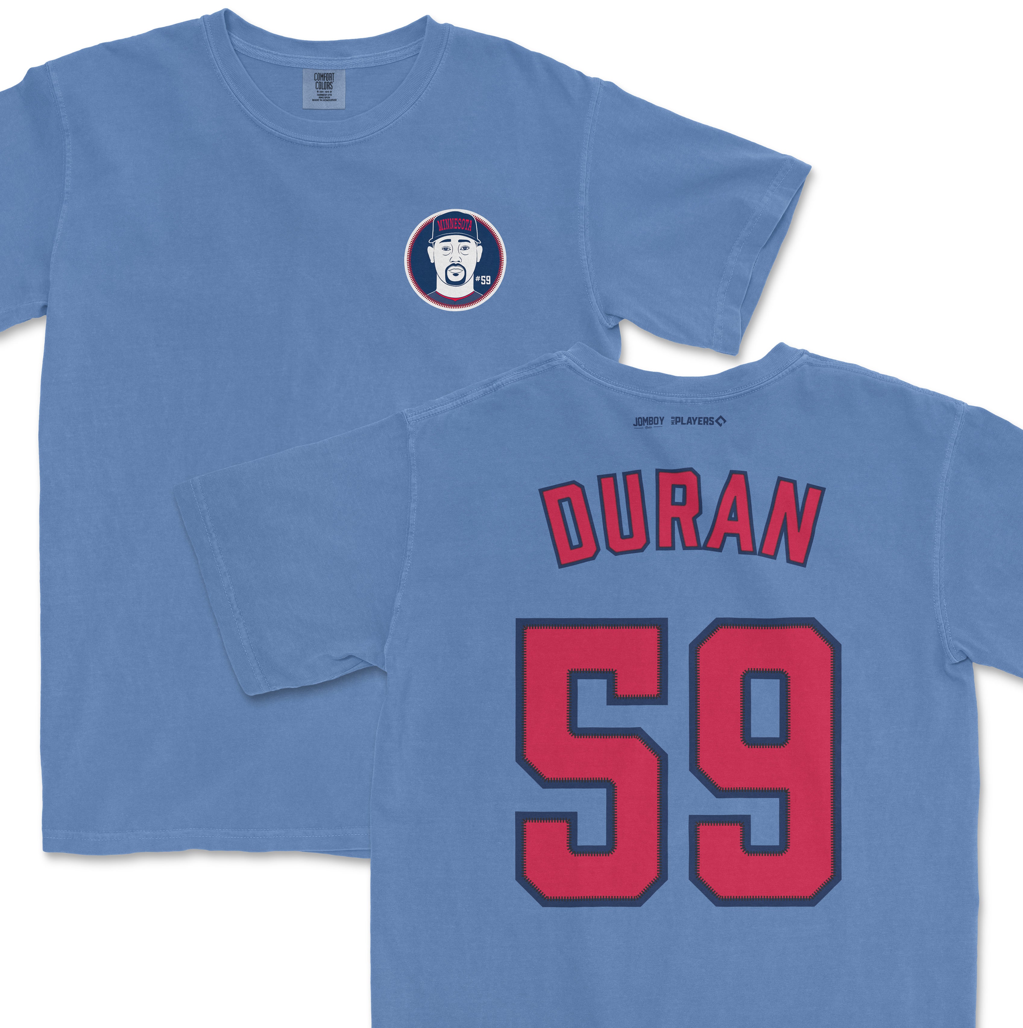 Blue Comfort Colors tee featuring a Jhoan Duran baseball jersey design with his name, number 59, and a Minnesota-themed patch.