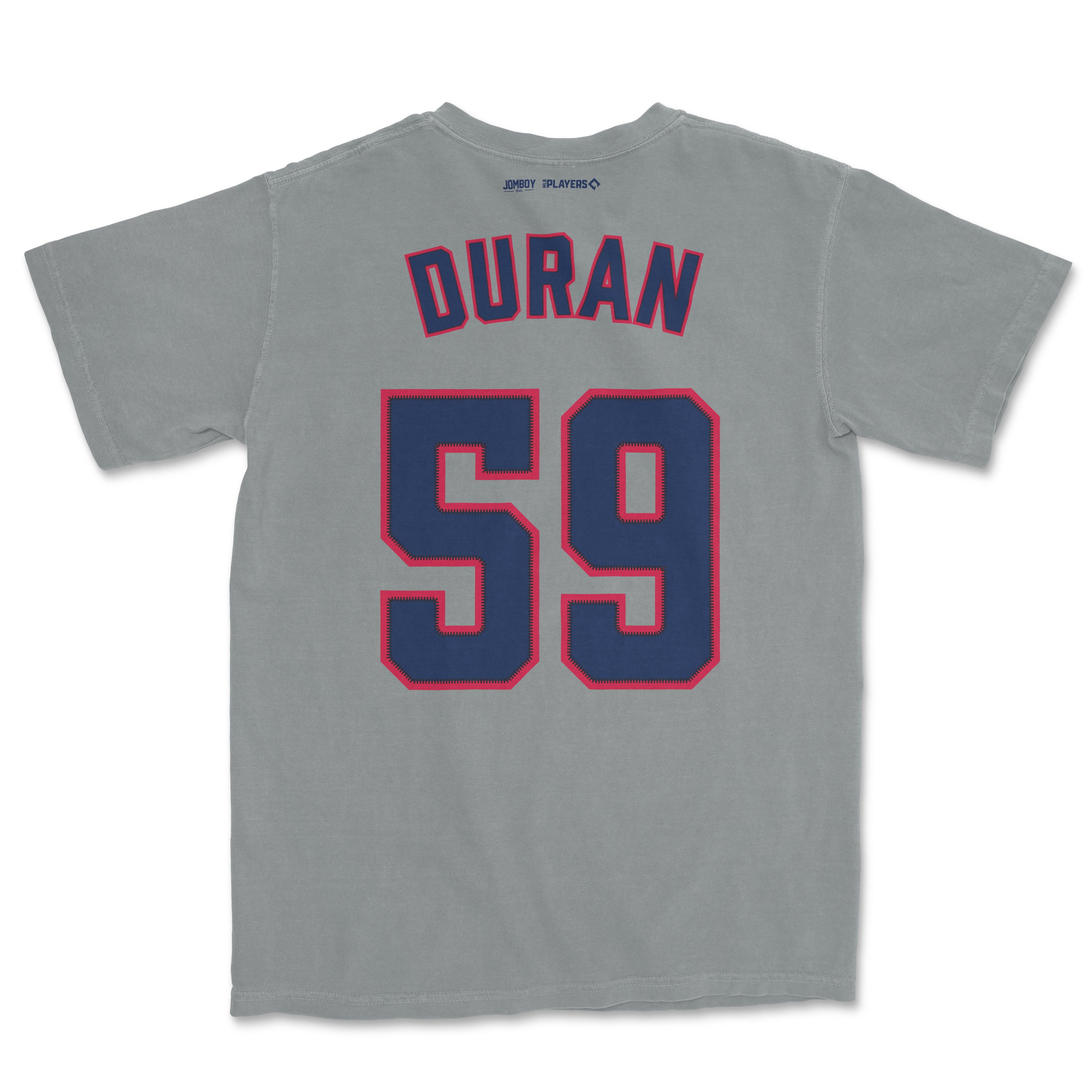 Gray Comfort Colors tee featuring "Duran" and the number 59 in bold navy with red outline, inspired by Jhoan Duran shirsey design.