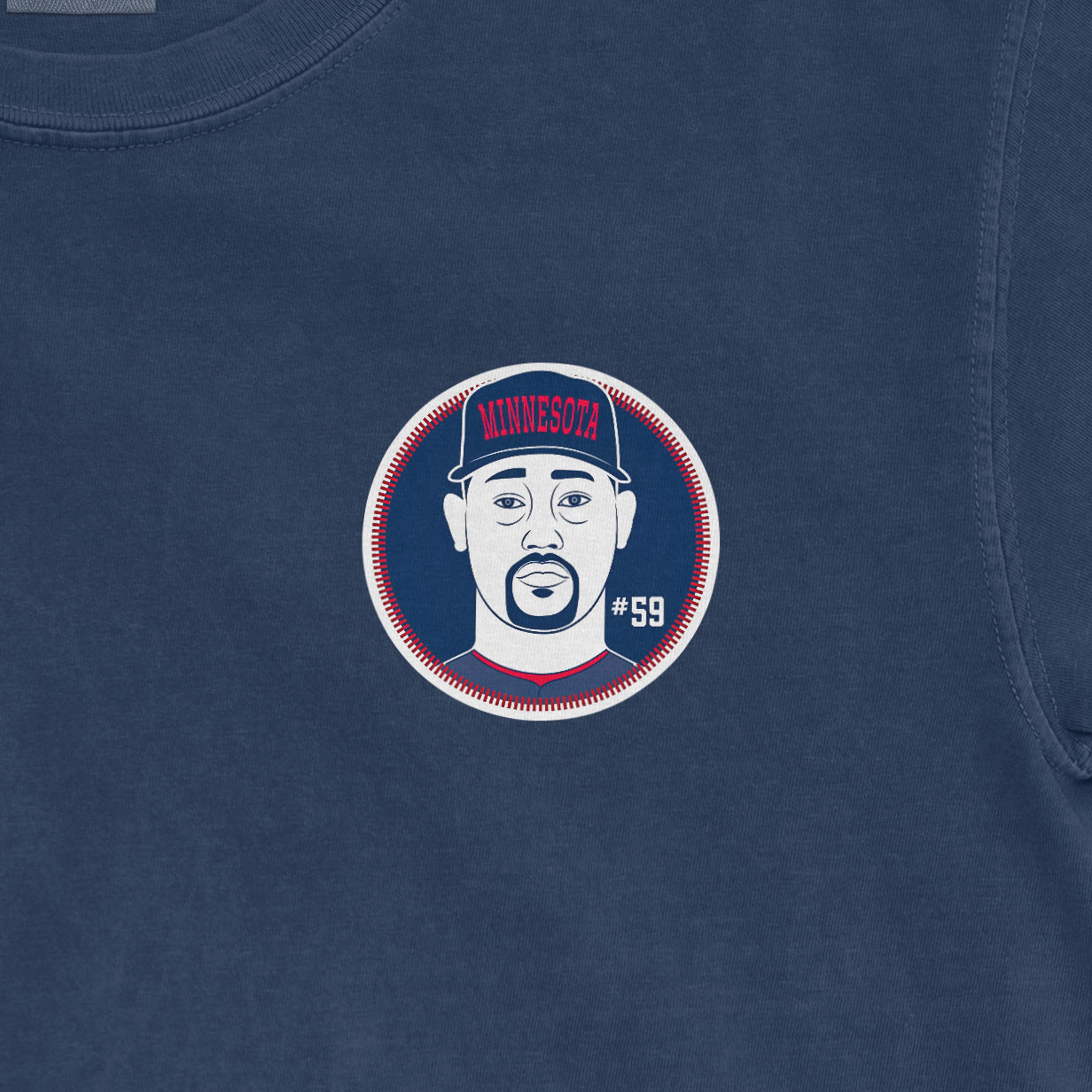 Comfort Colors tee featuring a Minnesota-themed graphic of Jhoan Duran with #59, in navy blue with red and white accents.