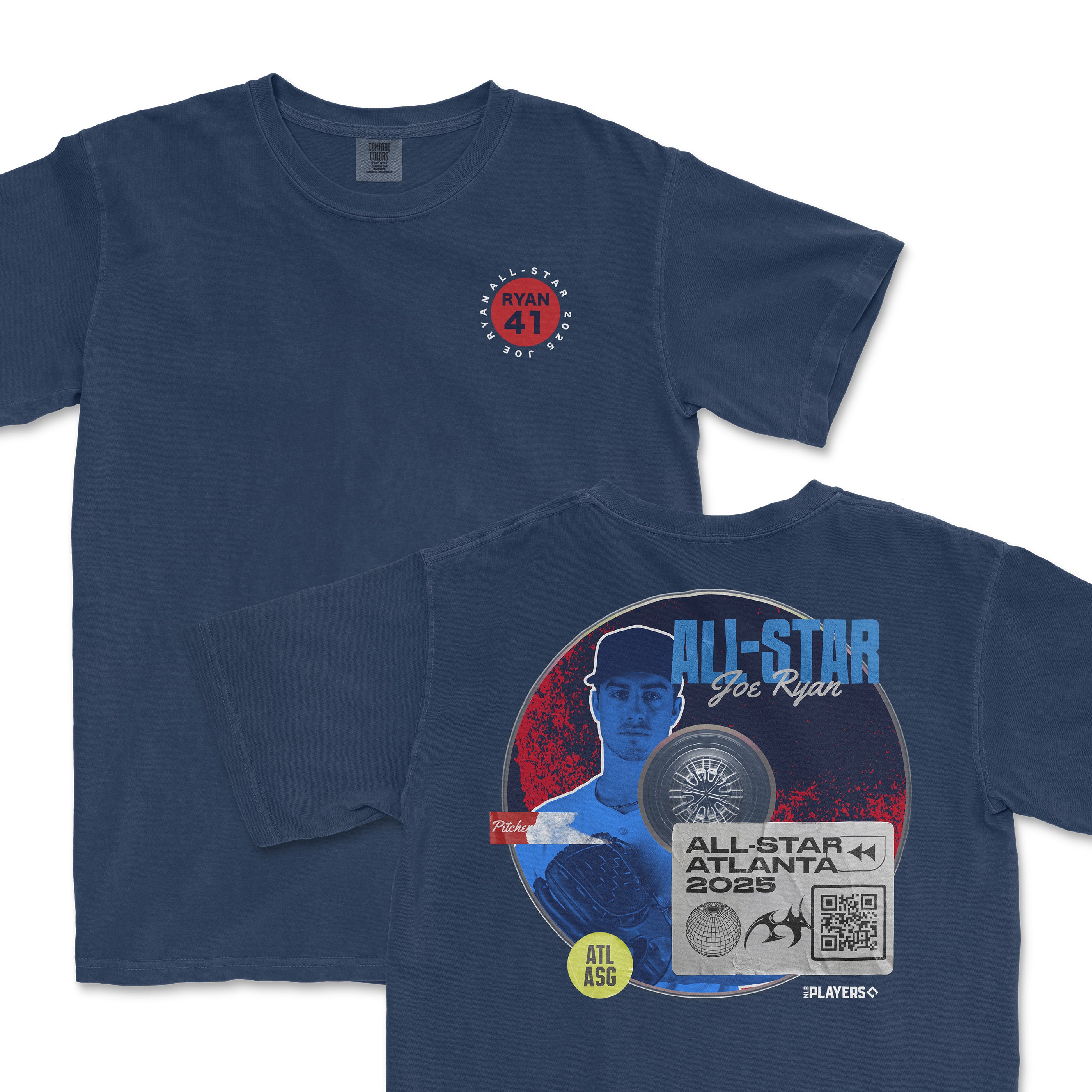 Navy blue t-shirt featuring Joe Ryan's All-Star 2025 graphic with a baseball design and player details on the back.