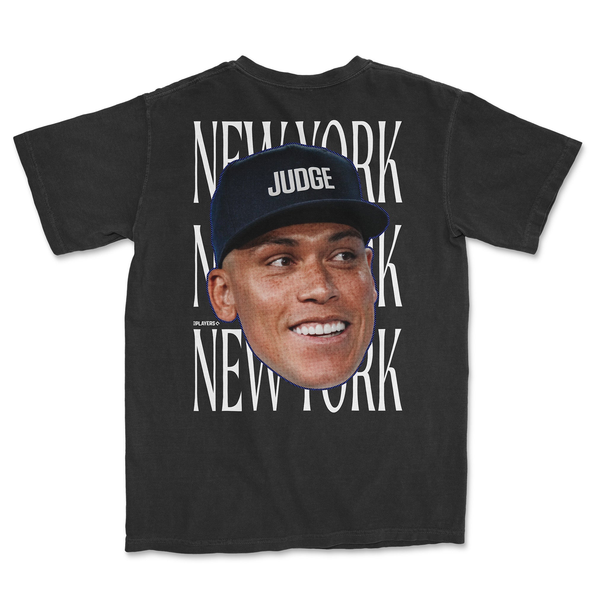 Black t-shirt featuring a large graphic of Aaron Judge's face and "NEW YORK" text, perfect for baseball fans.
