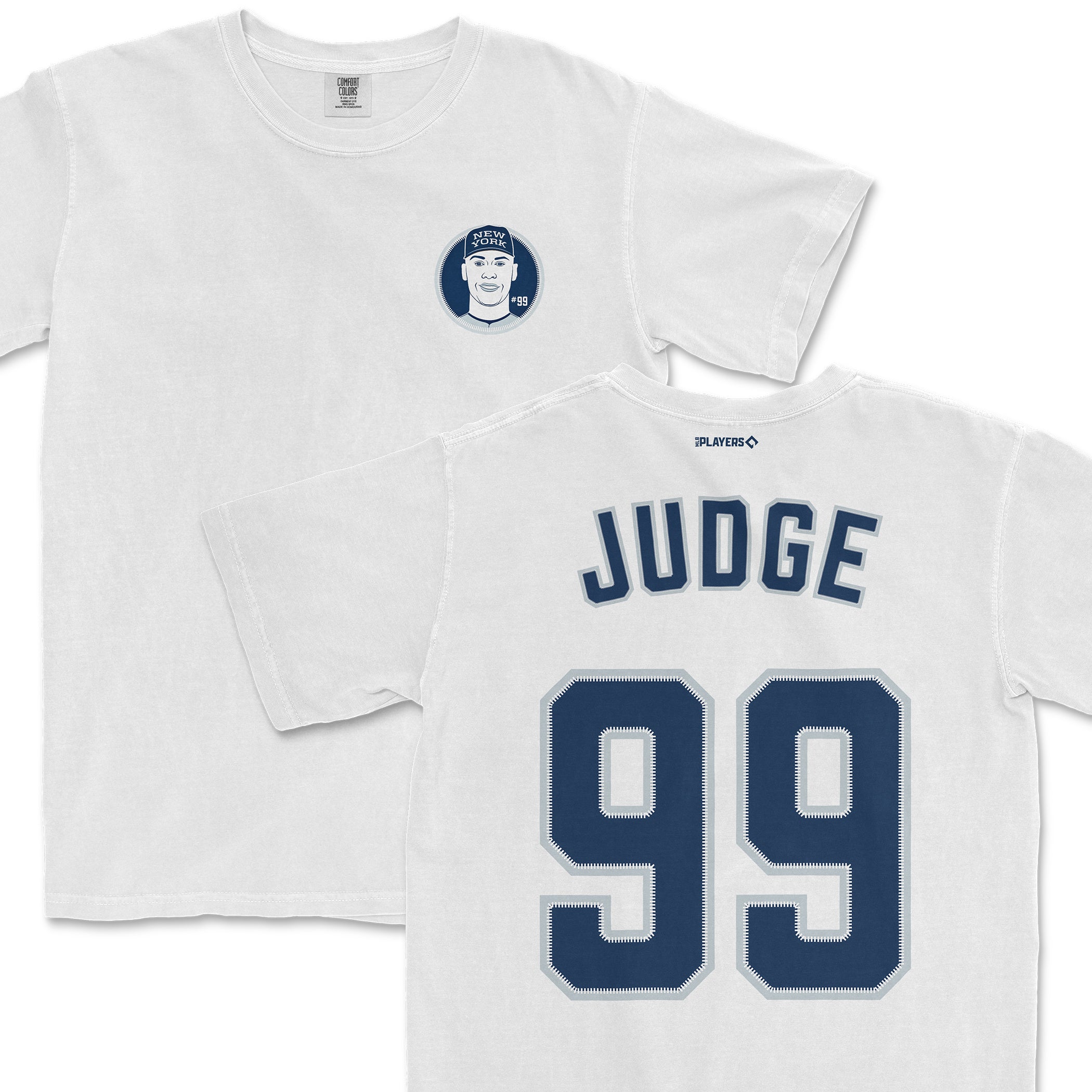 White Aaron Judge shirsey featuring a graphic of Judge on the front and his name and number 99 on the back.