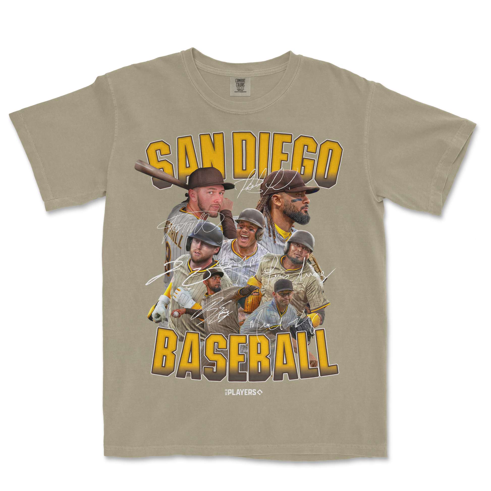 T-shirt featuring the SD Signature Series with images of baseball players, "San Diego Baseball" text, and autographed signatures.