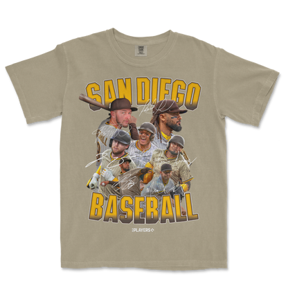 T-shirt featuring the SD Signature Series with images of baseball players, "San Diego Baseball" text, and autographed signatures.