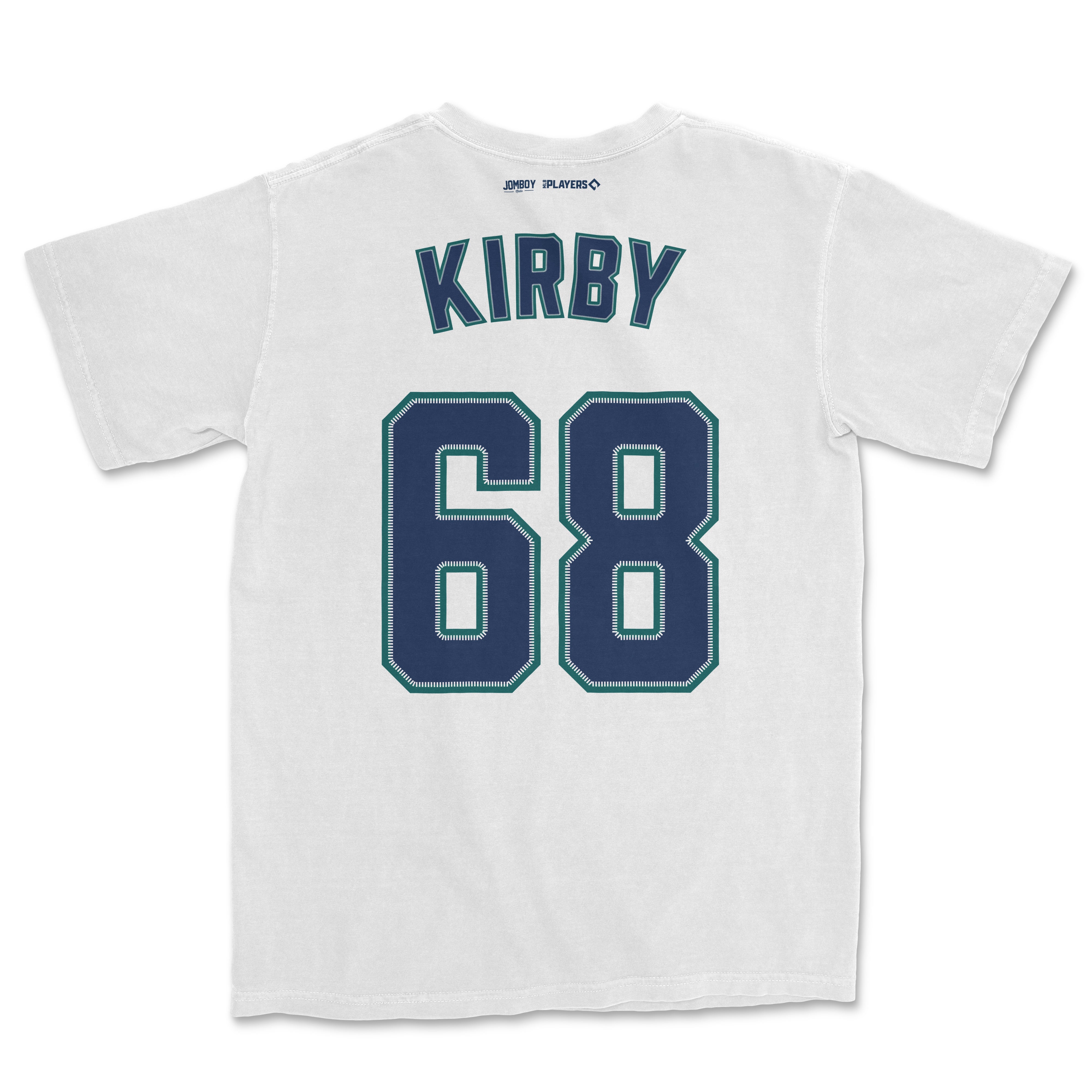 White Comfort Colors tee featuring "Kirby" and the number 68 in bold navy and teal lettering, with small brand logos at the top back.