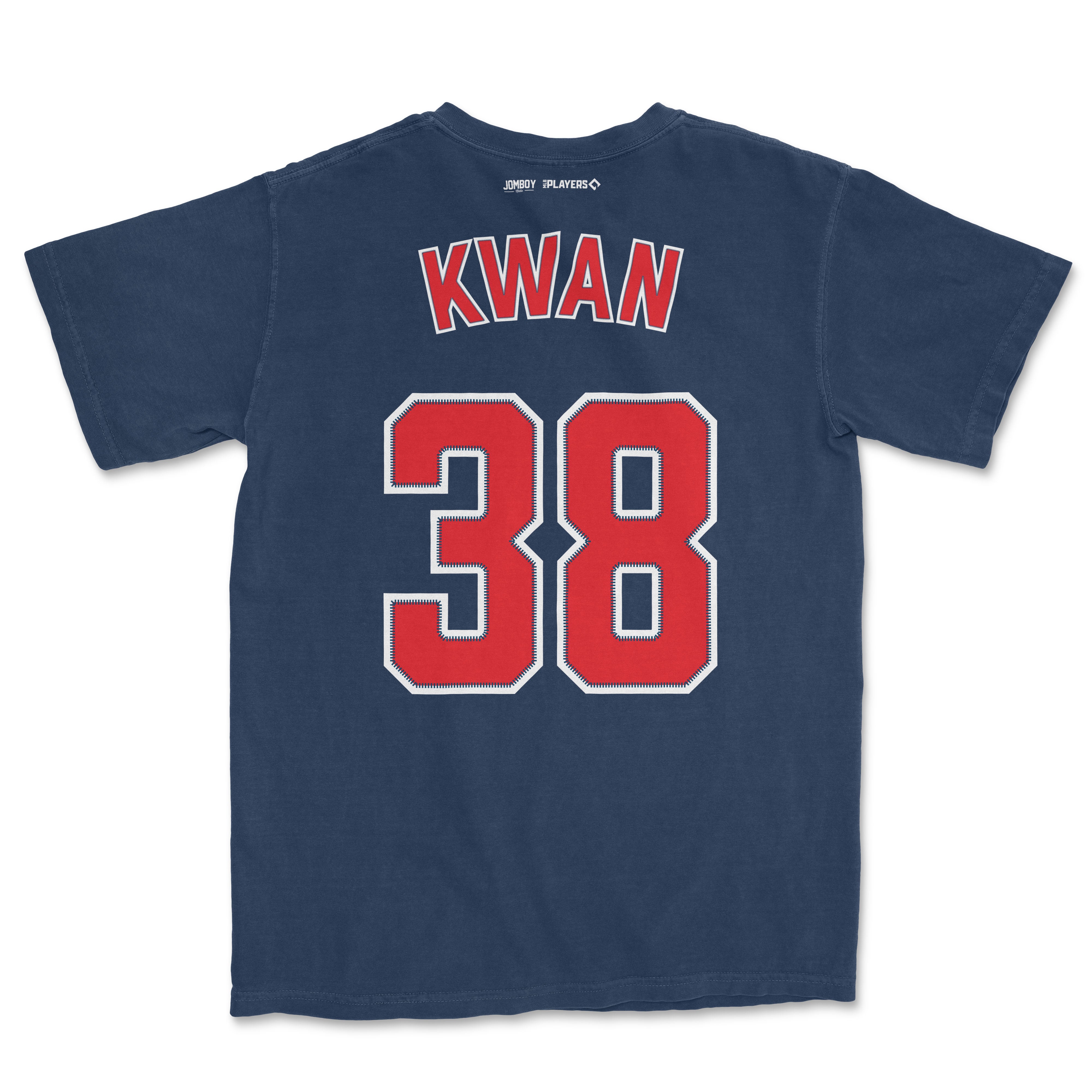 Back of a navy blue Steven Kwan baseball jersey with red and white lettering, displaying the name "KWAN" and the number "38".