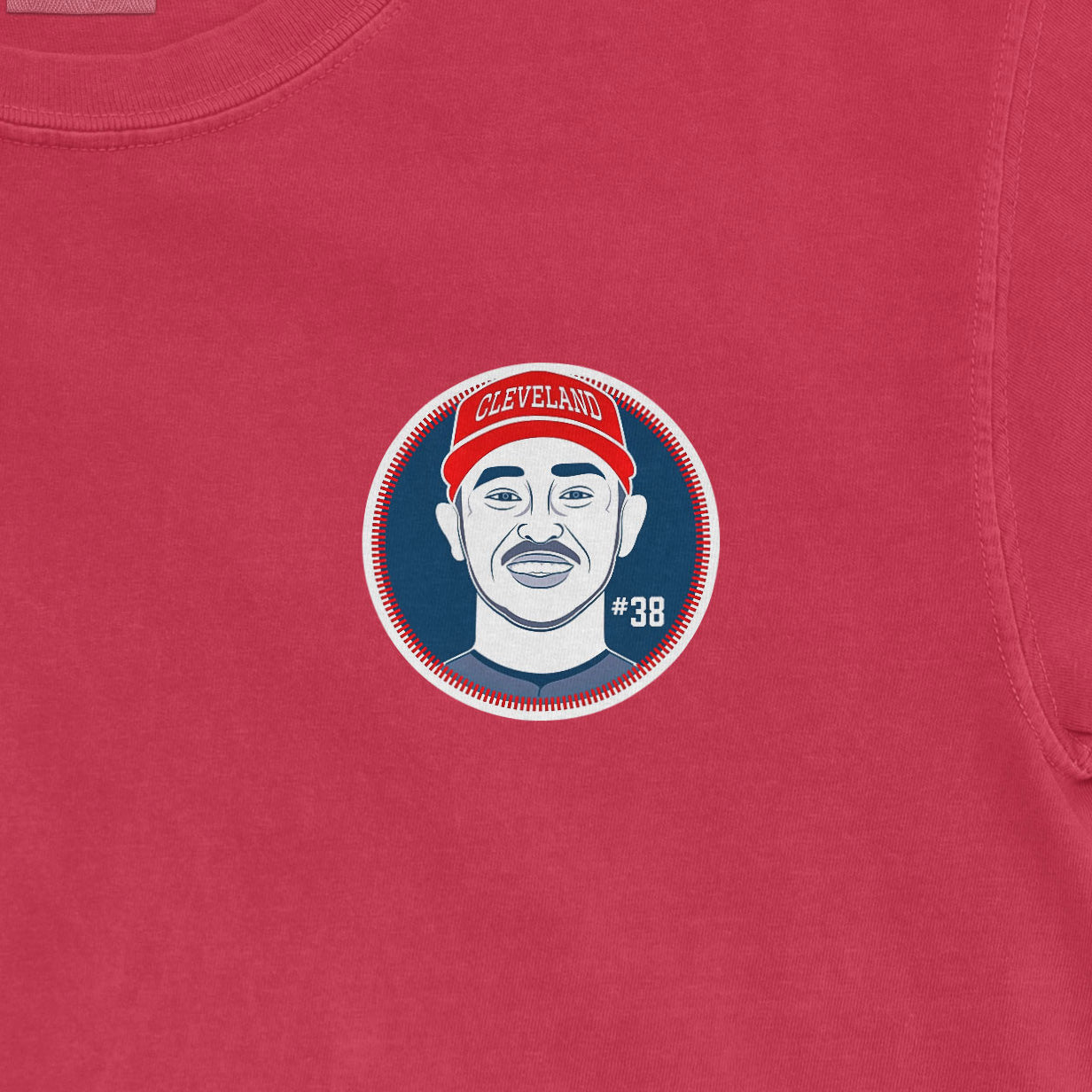 Red shirt featuring a Cleveland-themed graphic of Steven Kwan with his name, number 38, and a cap reading "Cleveland.