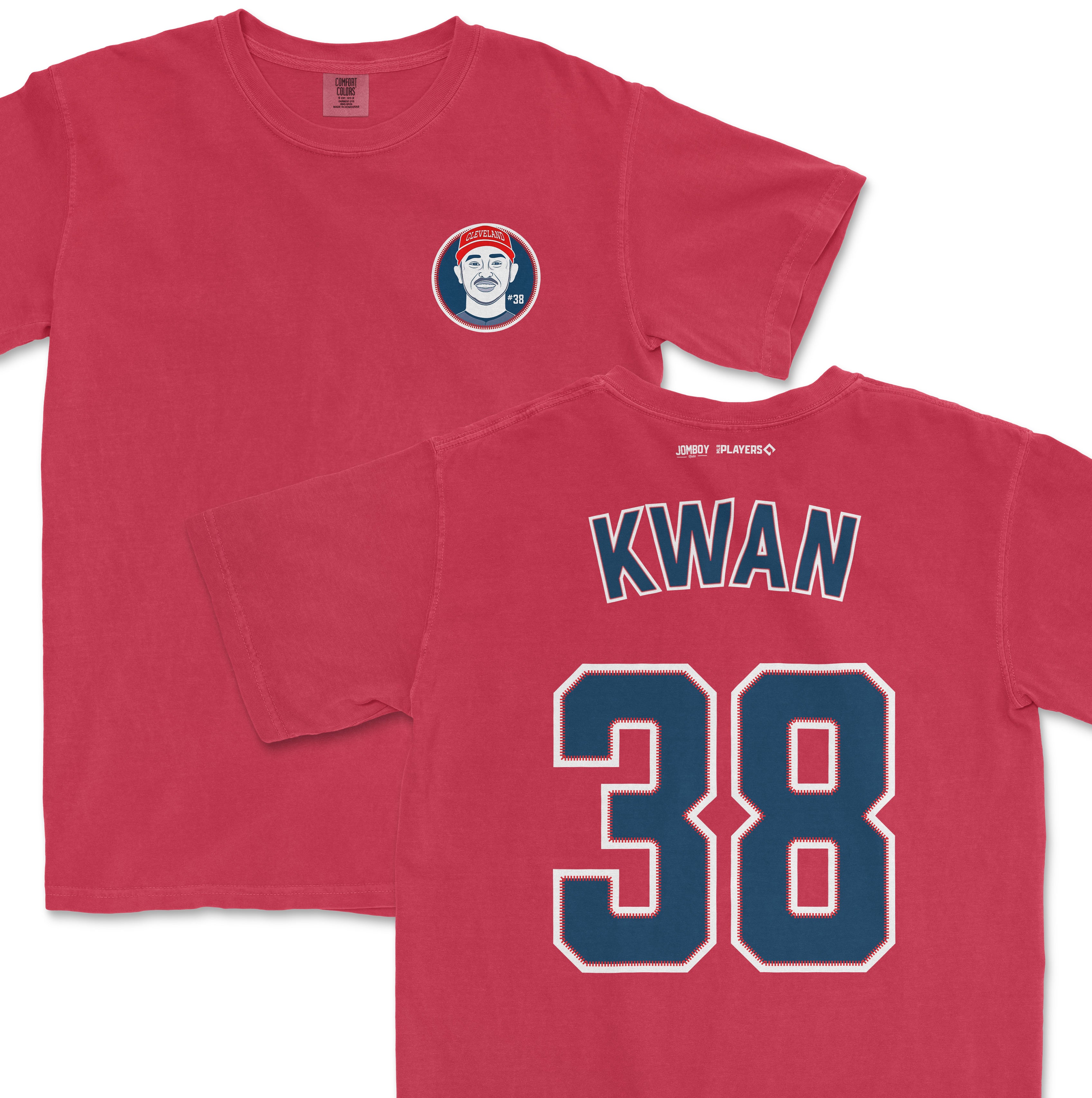 Red Steven Kwan Cleveland Guardians baseball shirsey with player name "KWAN" and number "38" on the back.