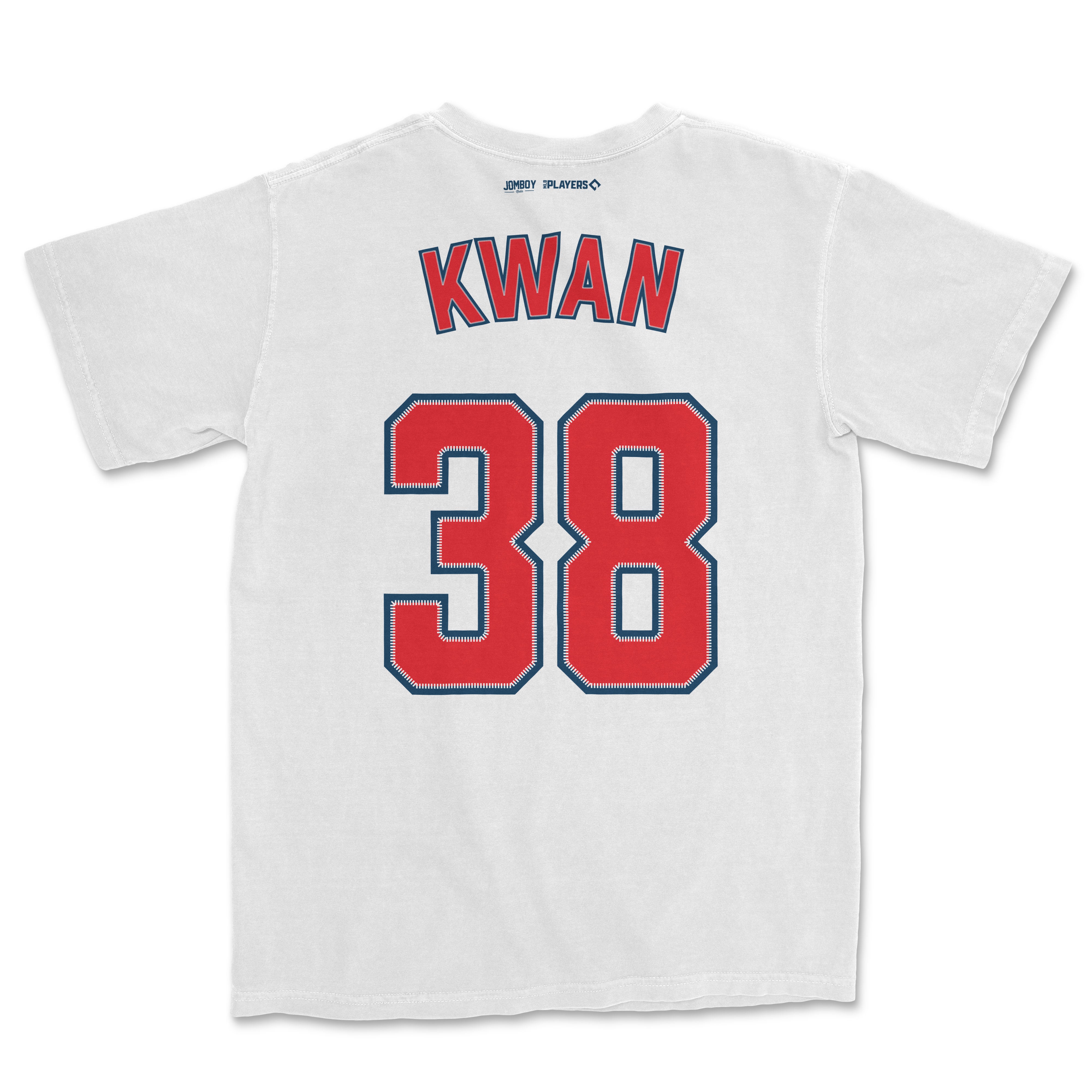 White Steven Kwan baseball jersey with red and blue lettering, displaying "KWAN" and the number "38" on the back.