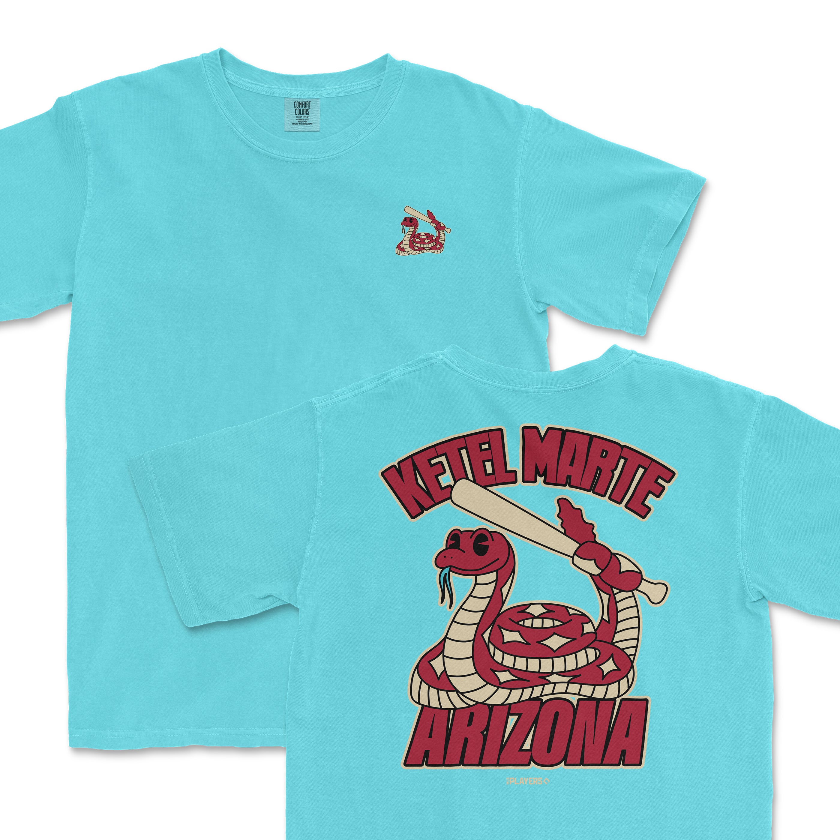 Light blue t-shirt featuring a cartoon snake and bat design with "Ketel Marte" and "Arizona" text on the back.