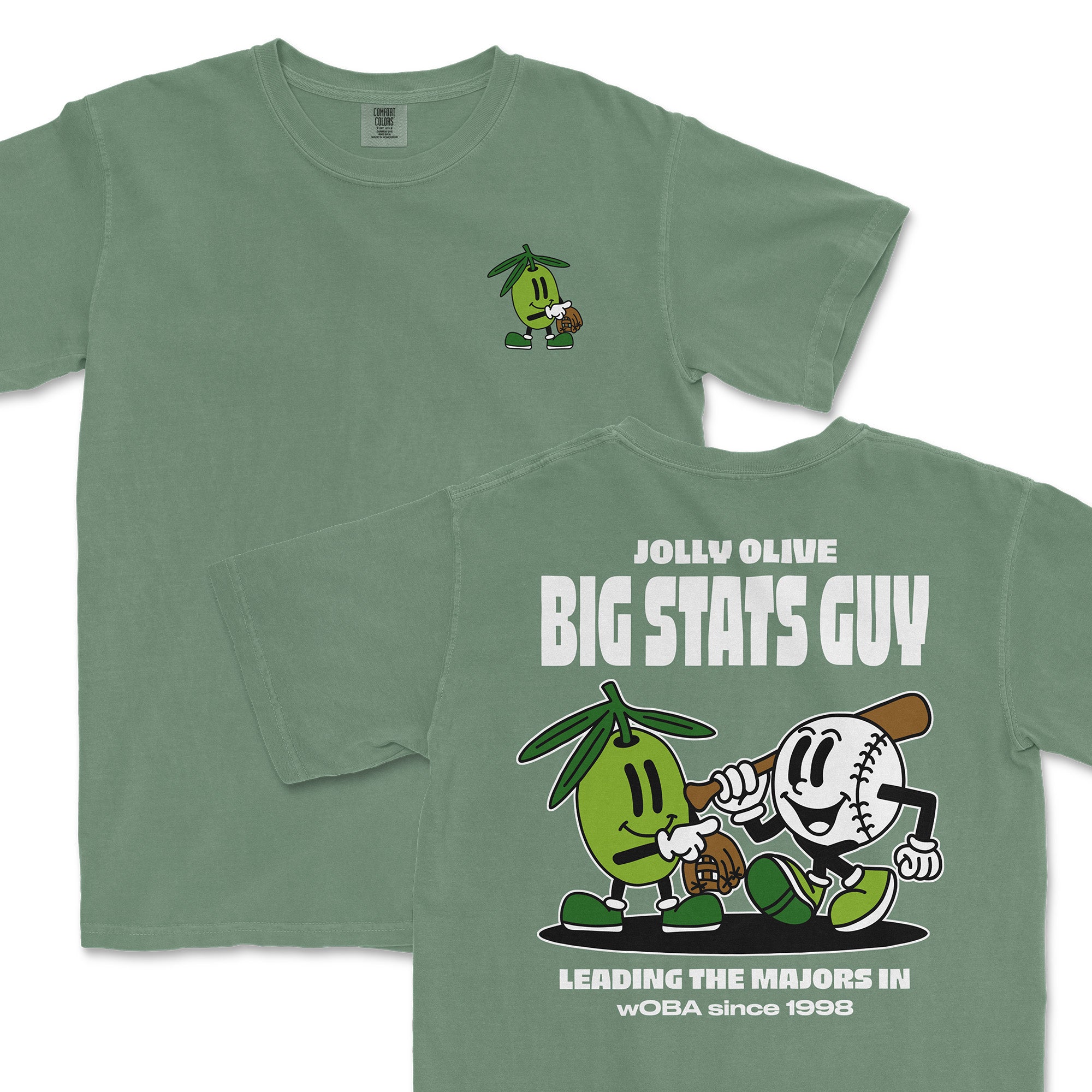 Green t-shirt featuring a playful design of two cartoon olives, one holding a baseball, with "Big Stats Guy" text on the back.