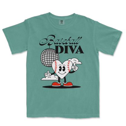 Comfort Colors teal T-shirt featuring a cartoon heart with baseball stitches, sneakers, and a smiling face, with "Baseball Diva" text and a disco ball graphic.