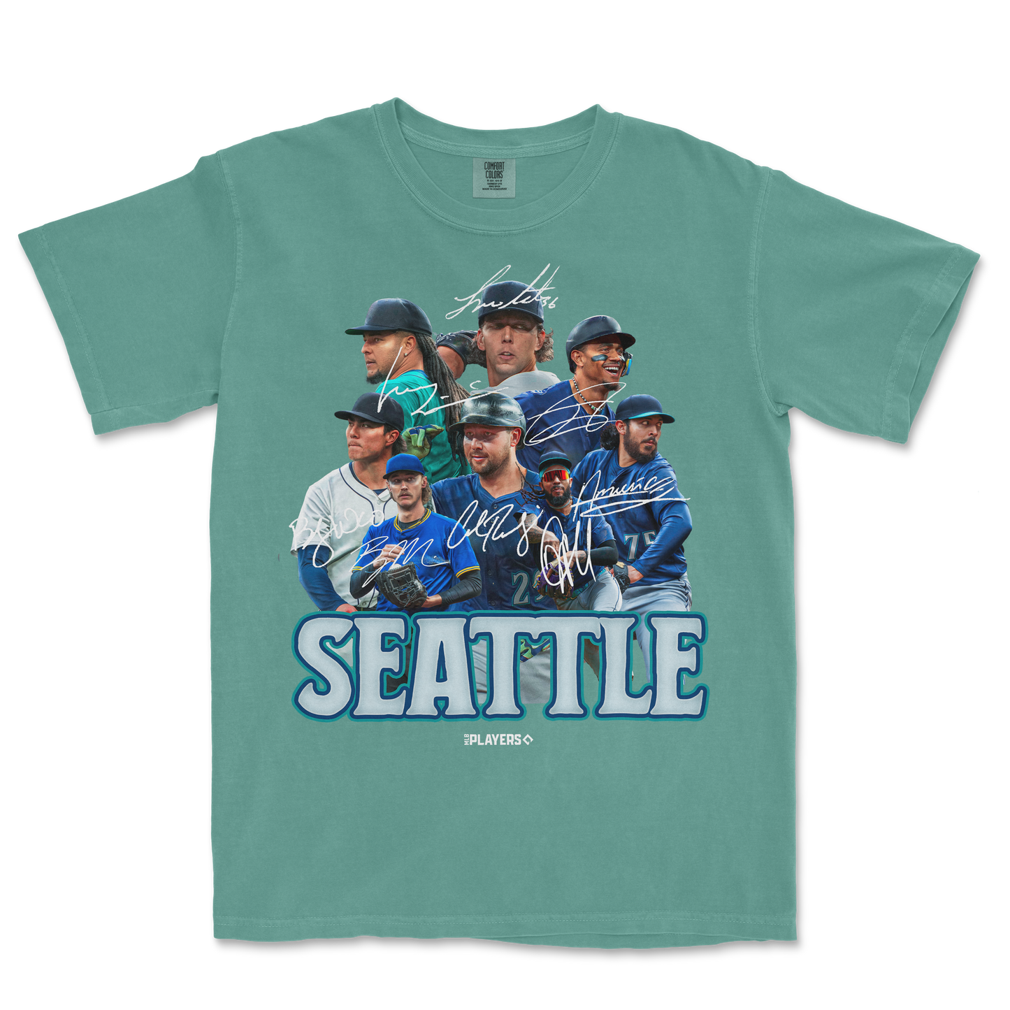 T-shirt featuring the SEA Signature Series with images of Seattle Mariners players, autographs, and "SEATTLE" text.
