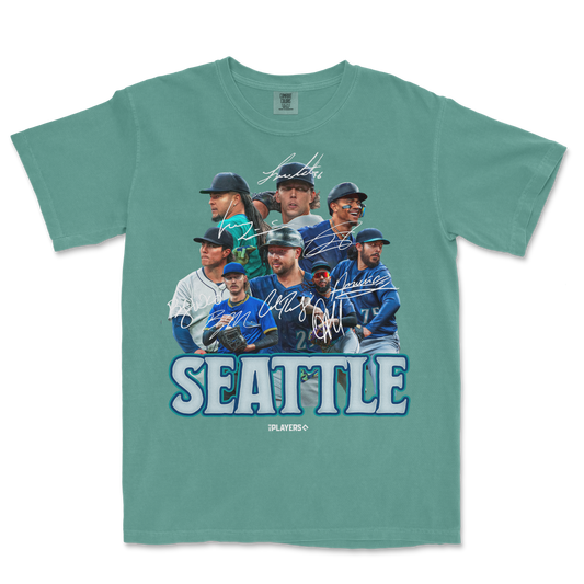 T-shirt featuring the SEA Signature Series with images of Seattle Mariners players, autographs, and "SEATTLE" text.