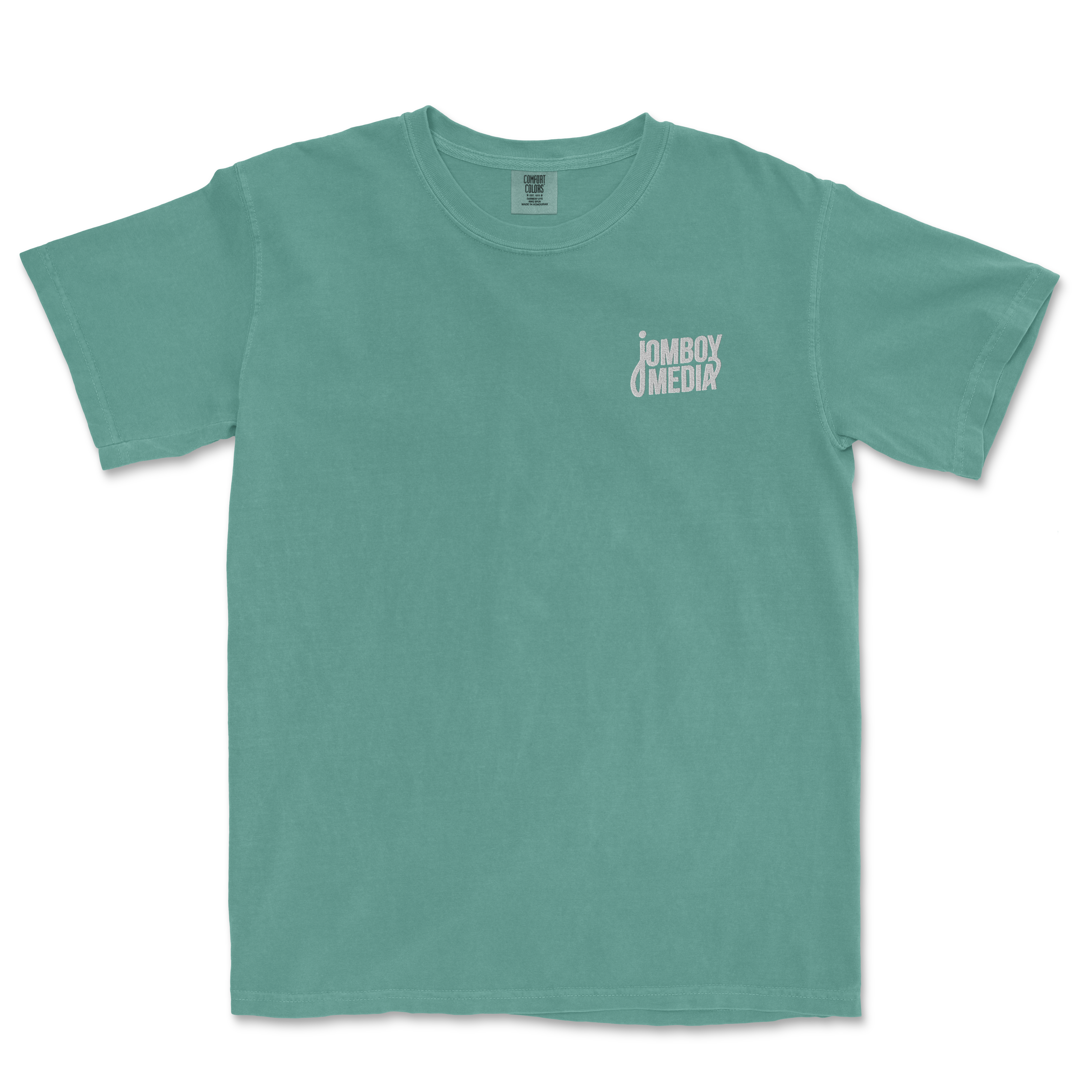 JM Essentials '25 Embroidered Tee in teal featuring Jomboy Media logo on the left chest area. Perfect for sports fans.