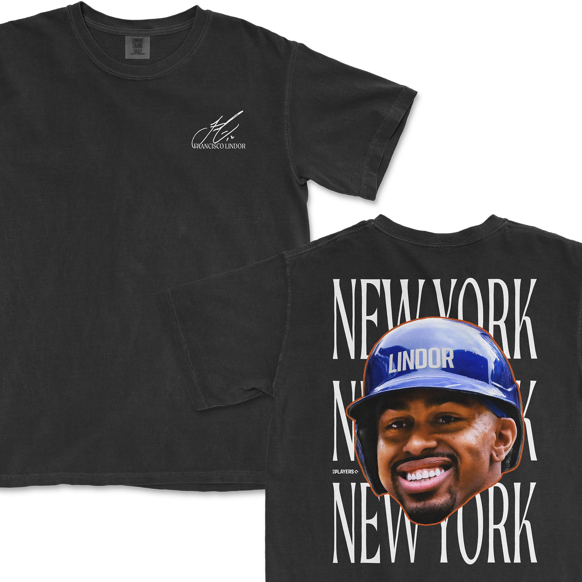 Francisco Lindor Get Your Head in the Game Series T-shirt featuring a graphic of Lindor and "NEW YORK" text on the back.