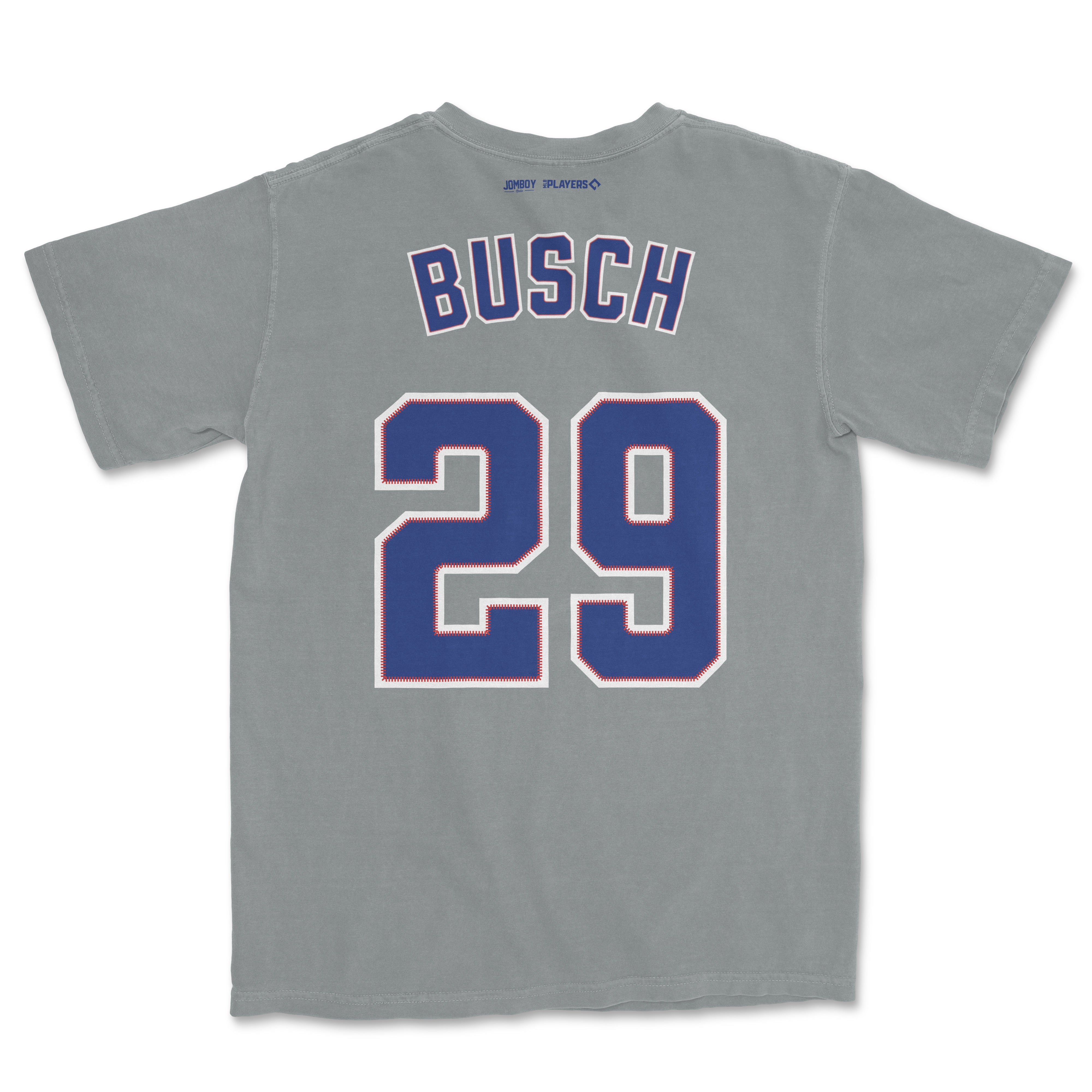 Gray Comfort Colors T-shirt featuring "Busch" and the number 29 in bold, navy blue with red and white accents, sports jersey style.