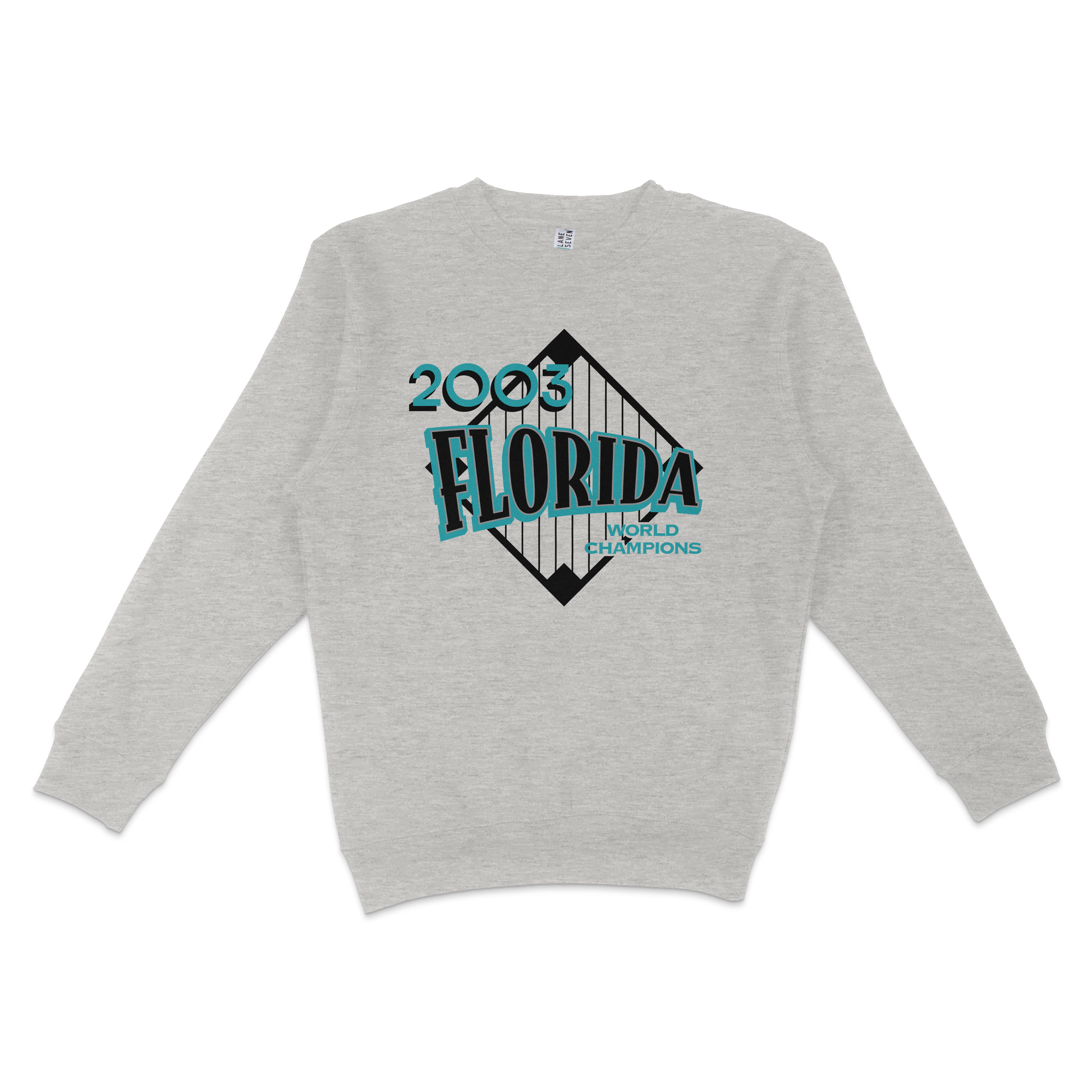 Gray crewneck sweatshirt featuring a vintage Florida 2003 World Champions graphic design with bold text and geometric elements.
