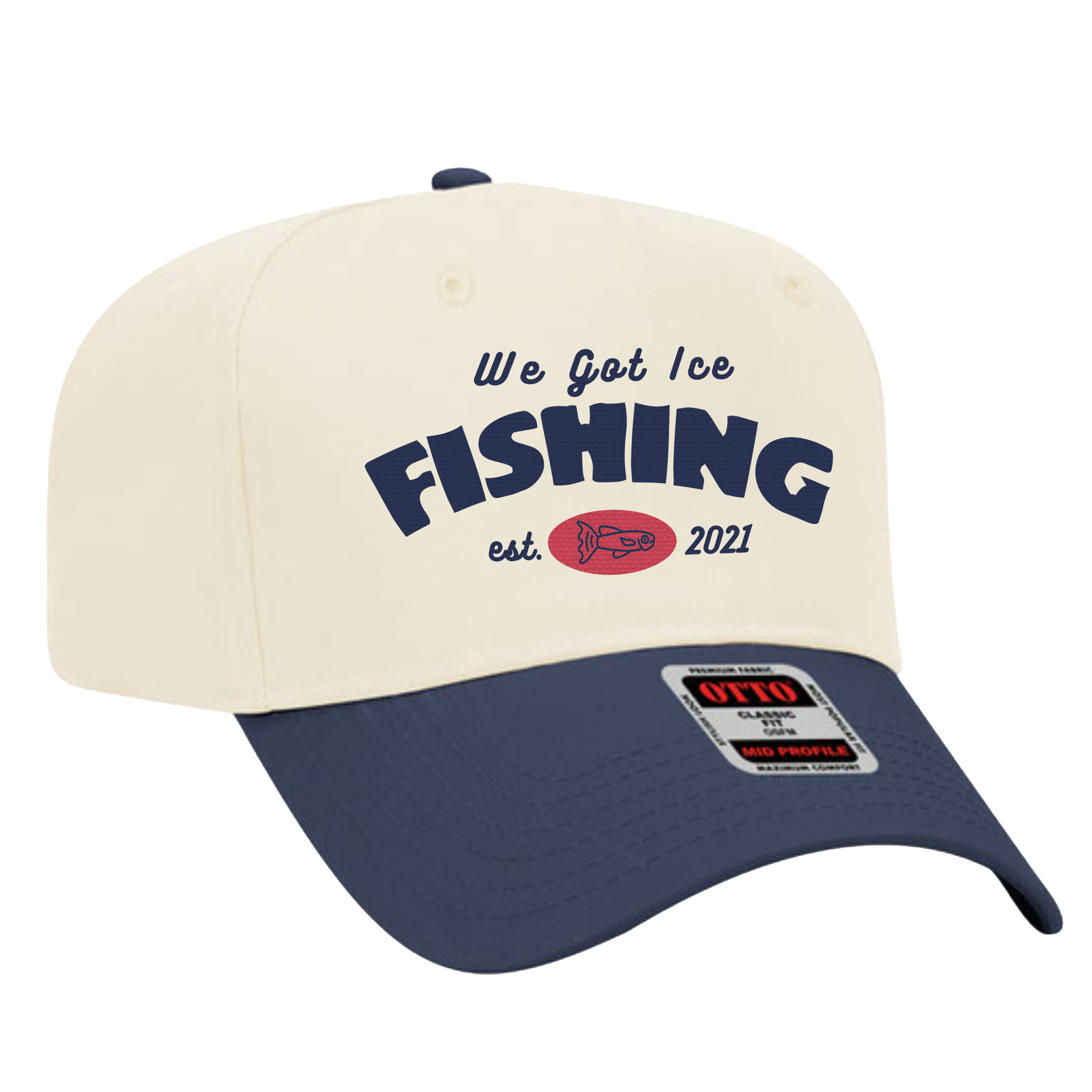 Cream and navy baseball cap with "We Got Ice Fishing" text, fish graphic, and "est. 2021" embroidered on front.