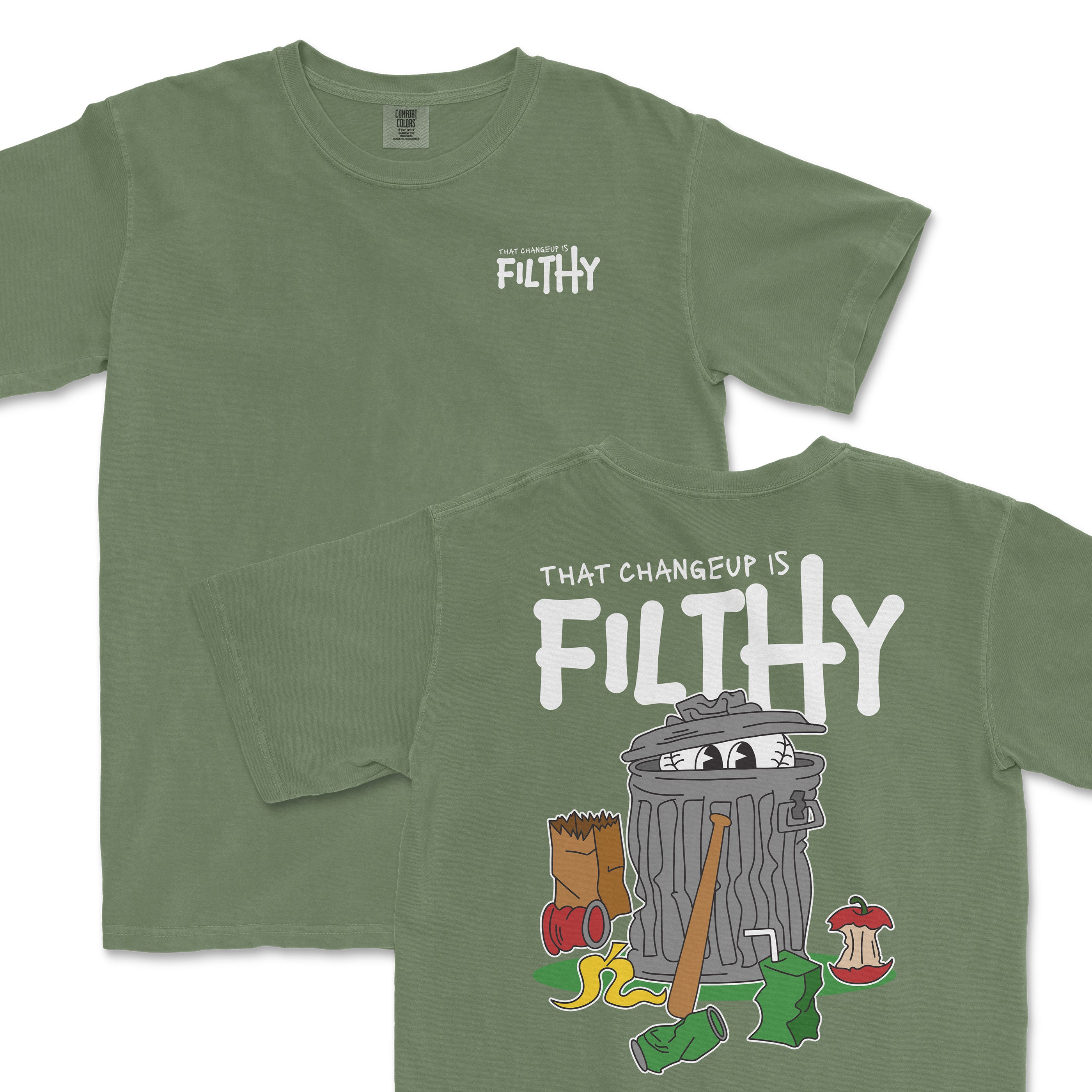 Olive green t-shirt featuring playful graphics of a trash can and the phrase "That changeup is filthy" on the back.