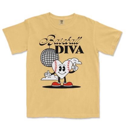 Beige Comfort Colors T-shirt featuring a cartoon heart with baseball stitches, red shoes, and a finger gun, with "Baseball Diva" text.