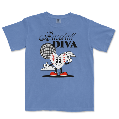 Light blue Comfort Colors tee featuring a cartoon heart with baseball stitches, sneakers, and a disco ball, with "Baseball Diva" text.