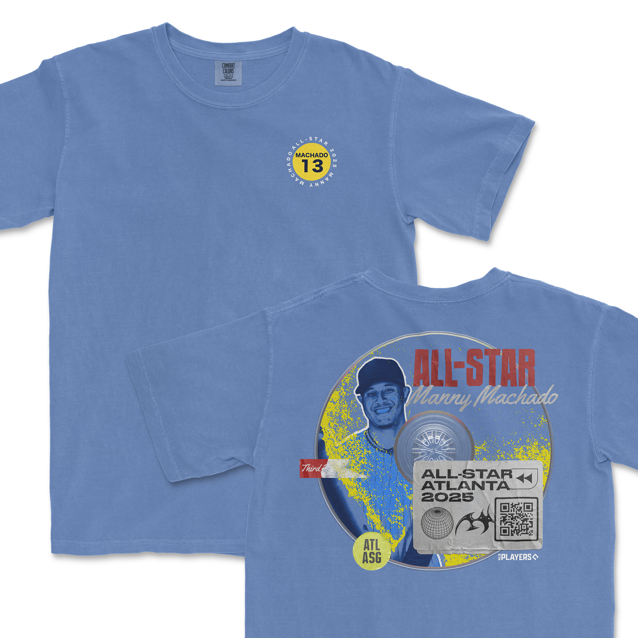 Manny Machado All-Star 2025 t-shirt in blue featuring a graphic of Machado and event details on the back.