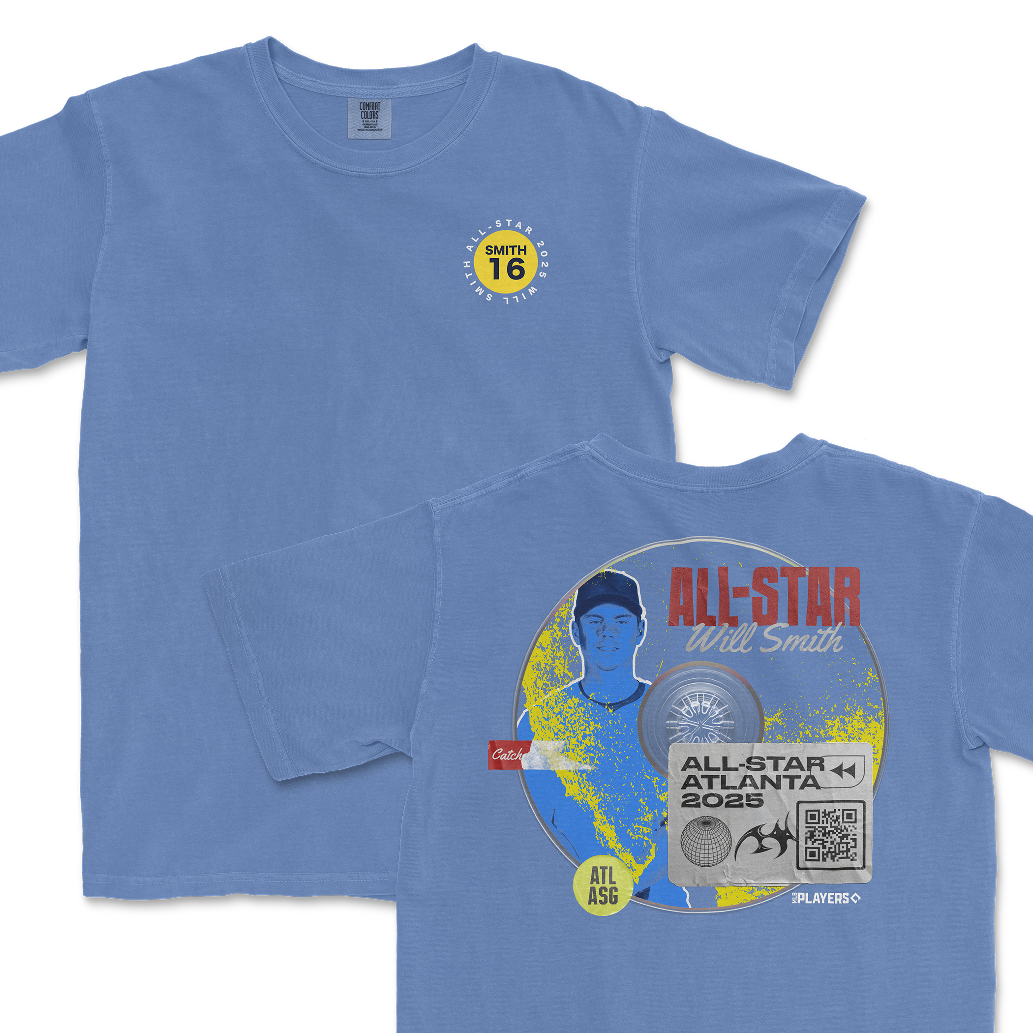 Blue t-shirt featuring Will Smith's name, number 16, and All-Star 2025 graphics for Atlanta. Perfect for sports fans.