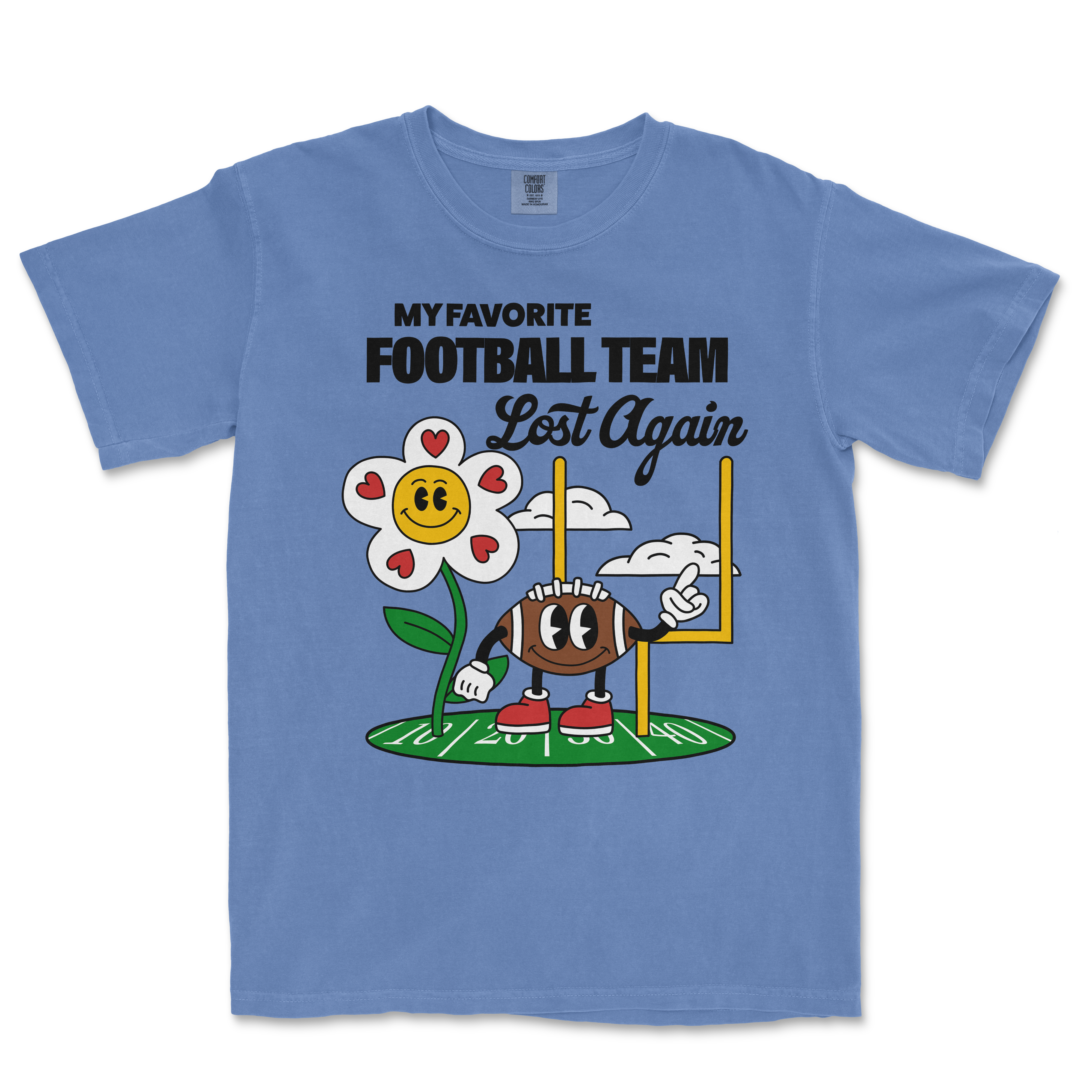Blue Comfort Colors T-shirt with a playful football-themed graphic and the text "My favorite football team lost again.