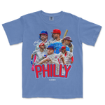 Blue PHI Signature Series T-shirt featuring a collage of baseball players, signatures, and bold "PHILLY" text in red and blue.