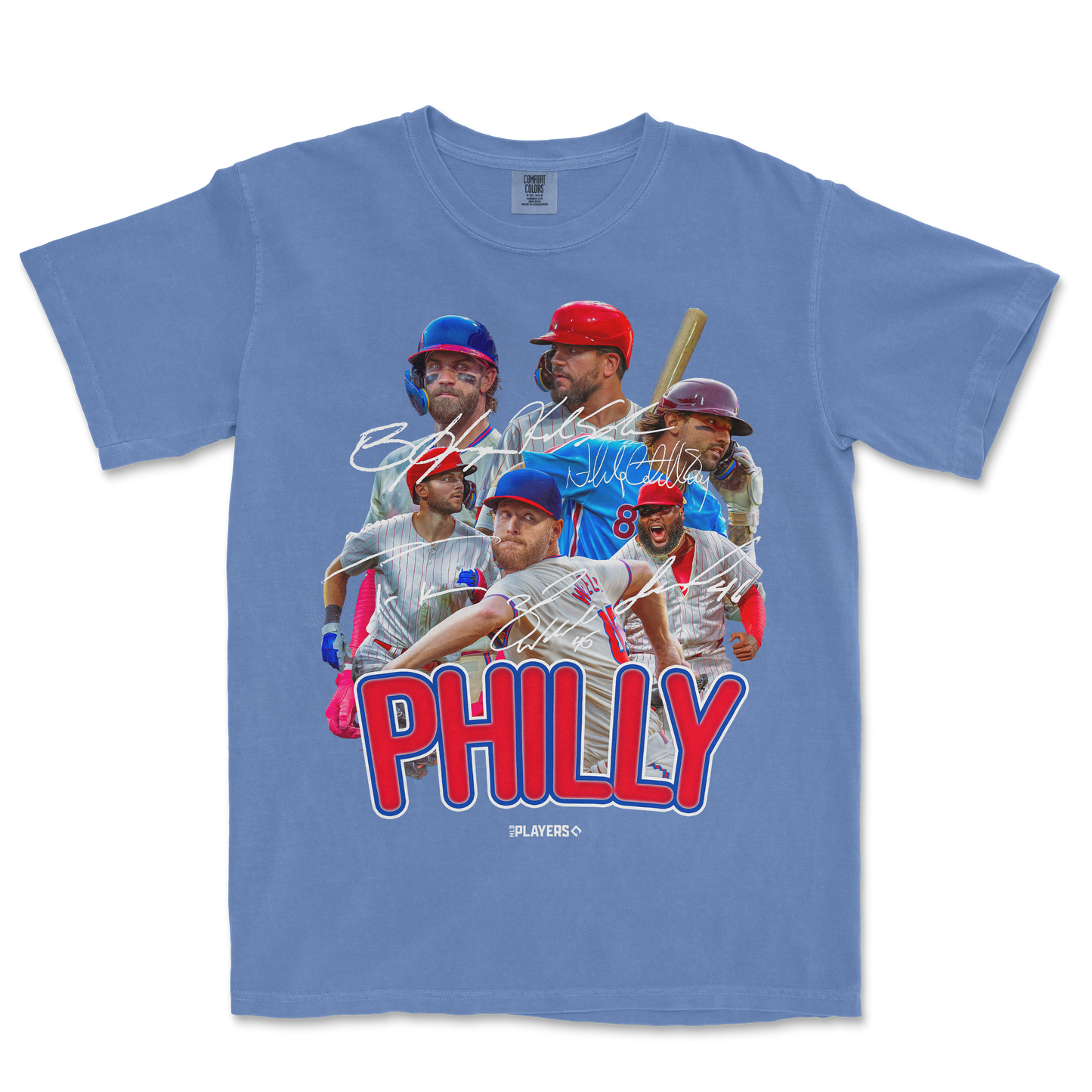 Blue PHI Signature Series T-shirt featuring a collage of baseball players, signatures, and bold "PHILLY" text in red and blue.