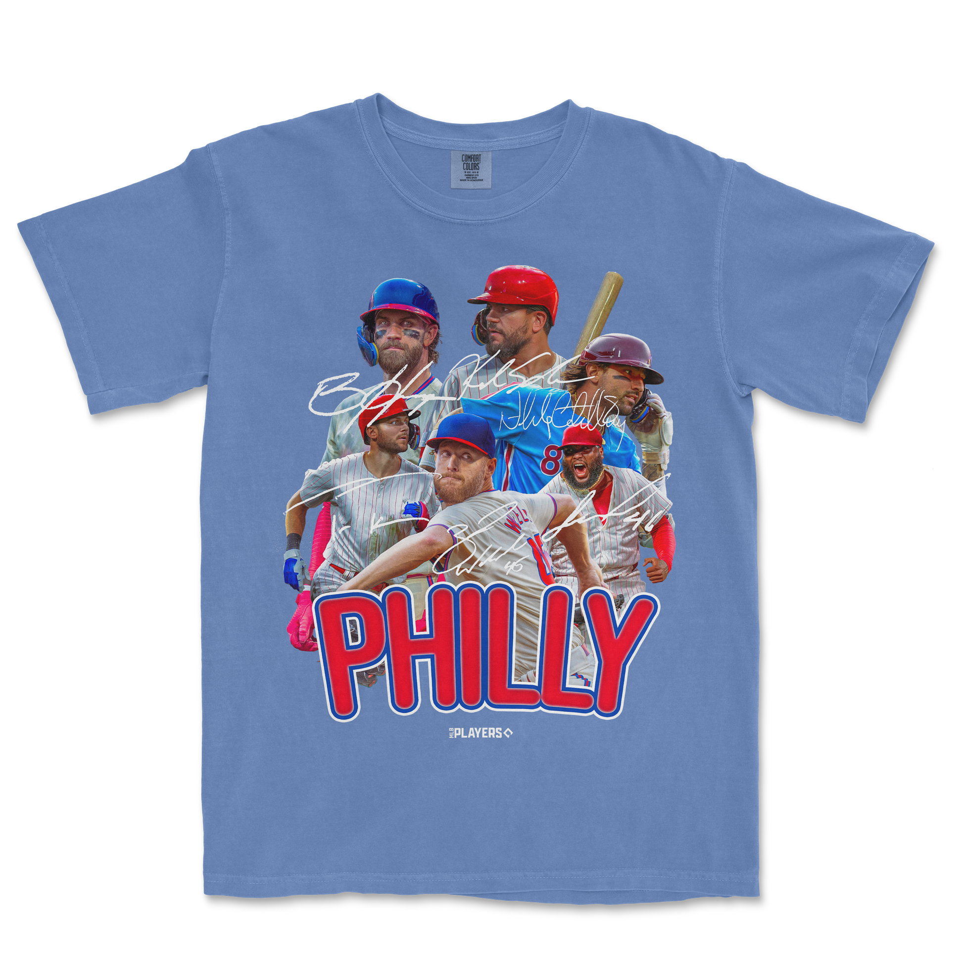 Blue PHI Signature Series T-shirt featuring a collage of baseball players, signatures, and bold "PHILLY" text in red and blue.