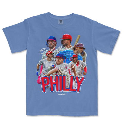 Blue PHI Signature Series T-shirt featuring a collage of baseball players, signatures, and bold "PHILLY" text in red and blue.
