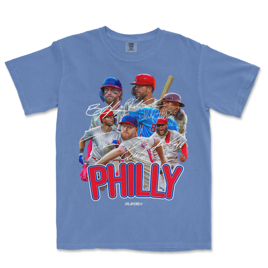 Blue PHI Signature Series T-shirt featuring a collage of baseball players, signatures, and bold "PHILLY" text in red and blue.