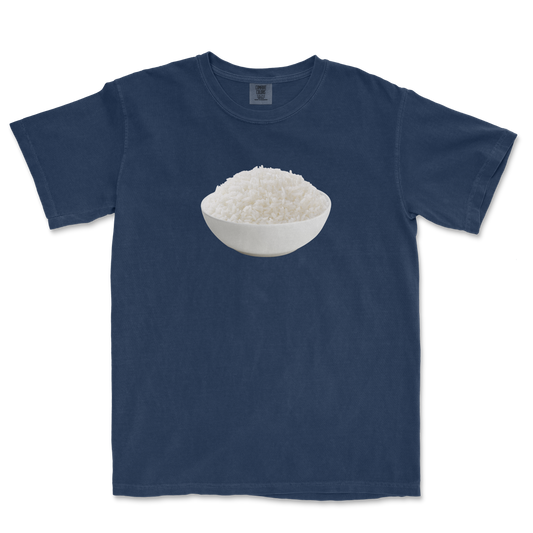Blue T-shirt featuring a graphic of a white bowl filled with cooked white rice in the center.