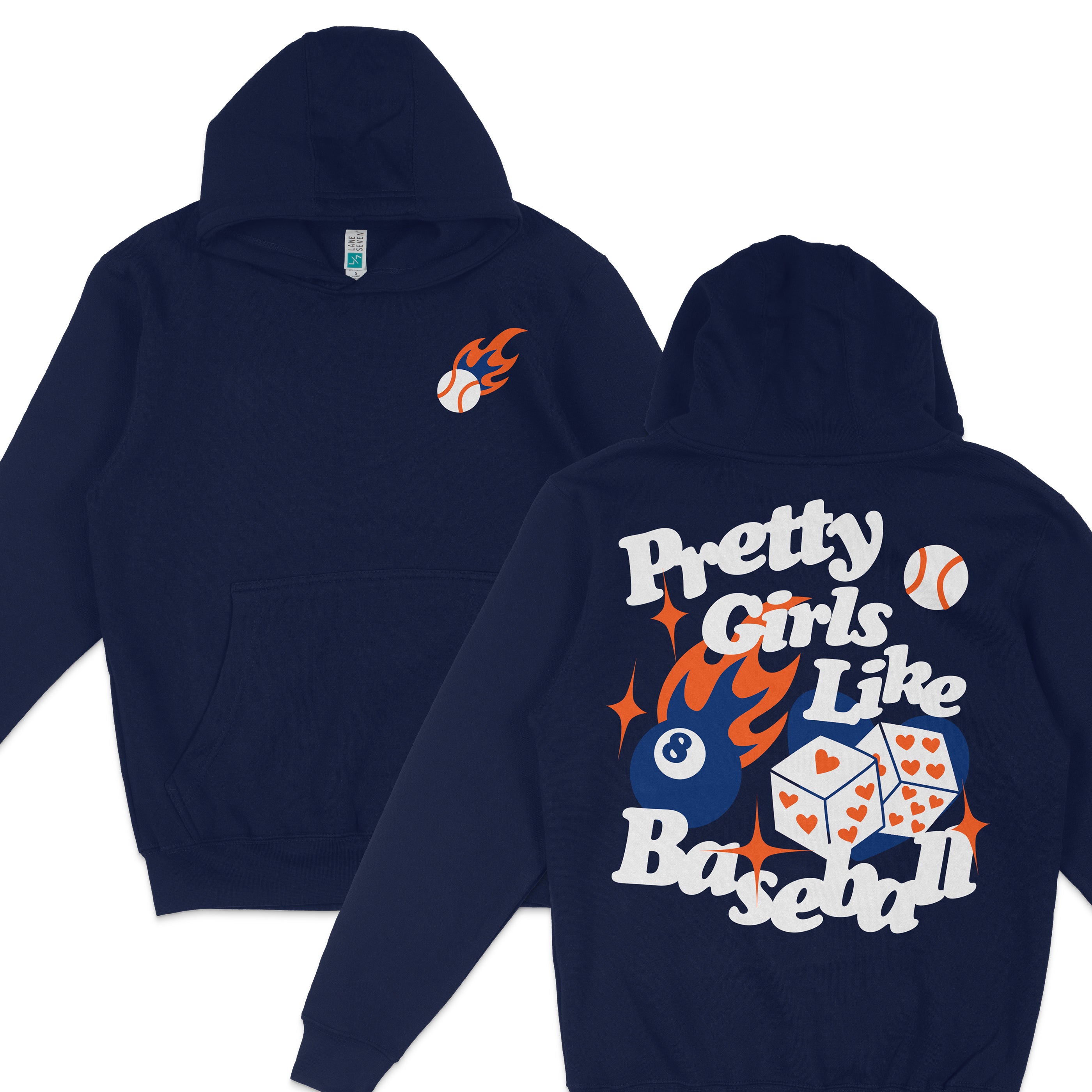 Navy hoodie featuring a small flaming baseball logo on the front and "Pretty Girls Like Baseball" graphic with dice and baseballs on the back.