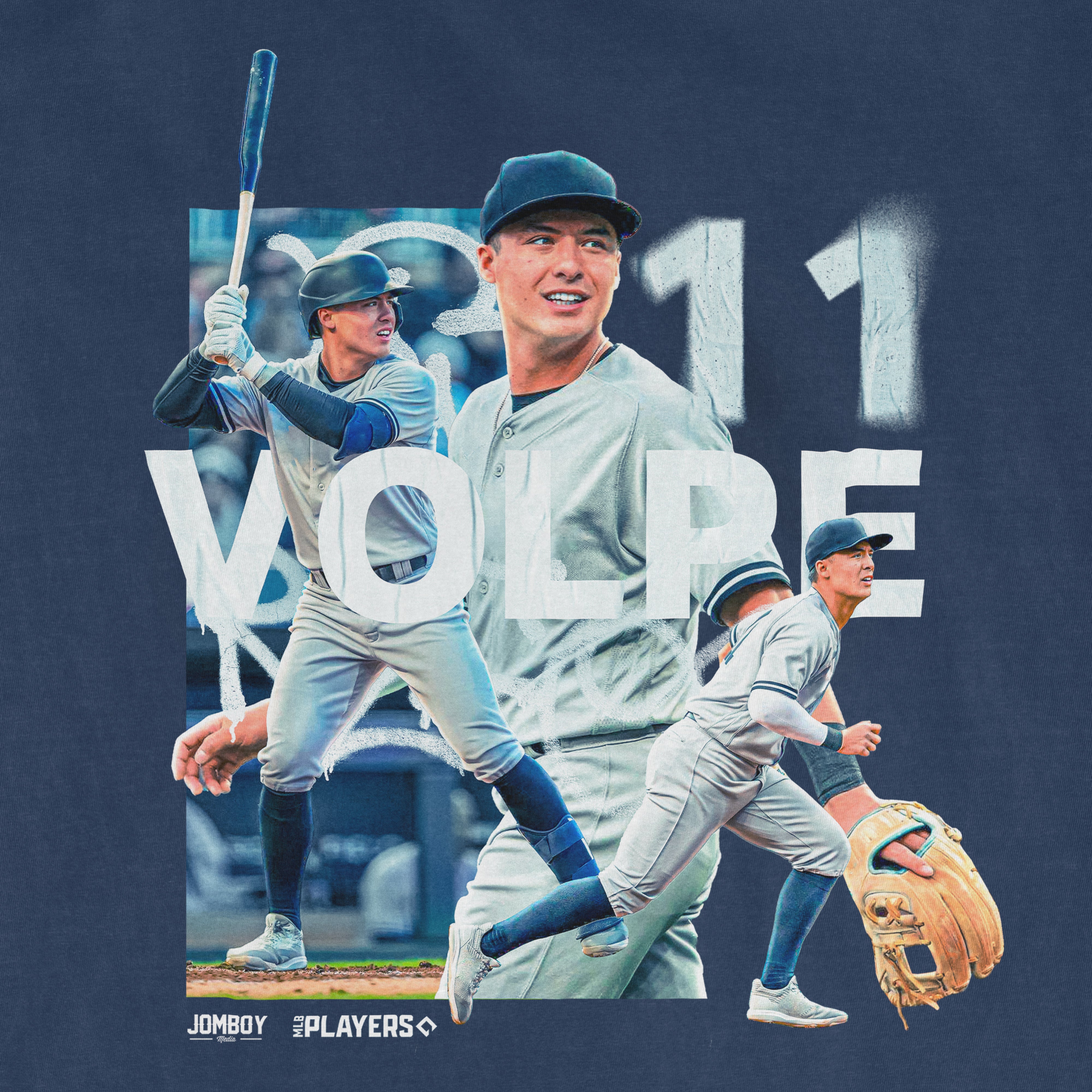 Anthony Volpe baseball-themed Comfort Colors tee featuring multiple images of him in action and the words "2021 World" on a navy background.