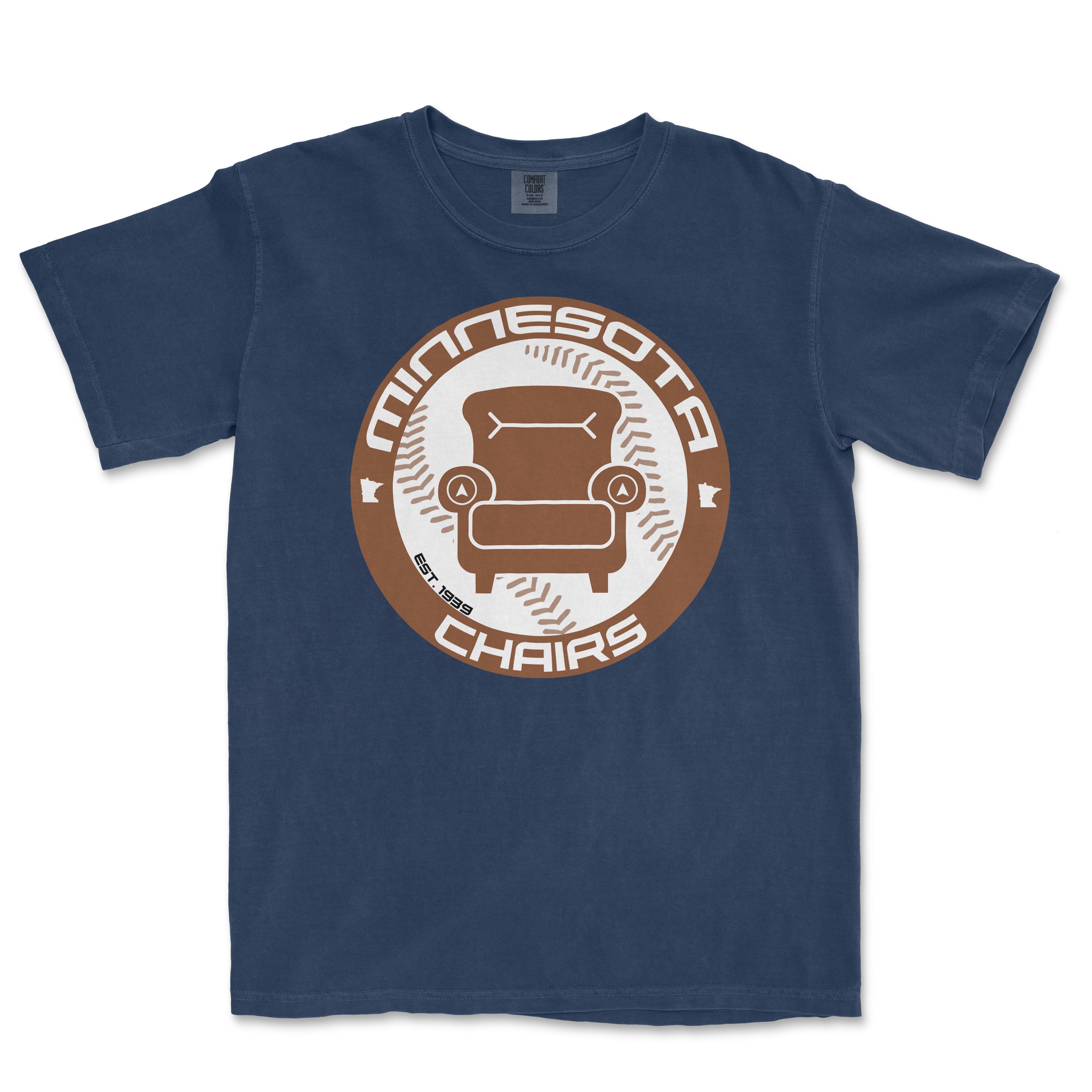 Blue Comfort Colors T-shirt featuring a circular graphic with a chair illustration, "Minnesota Chairs" text, and "We Got Ice" branding.